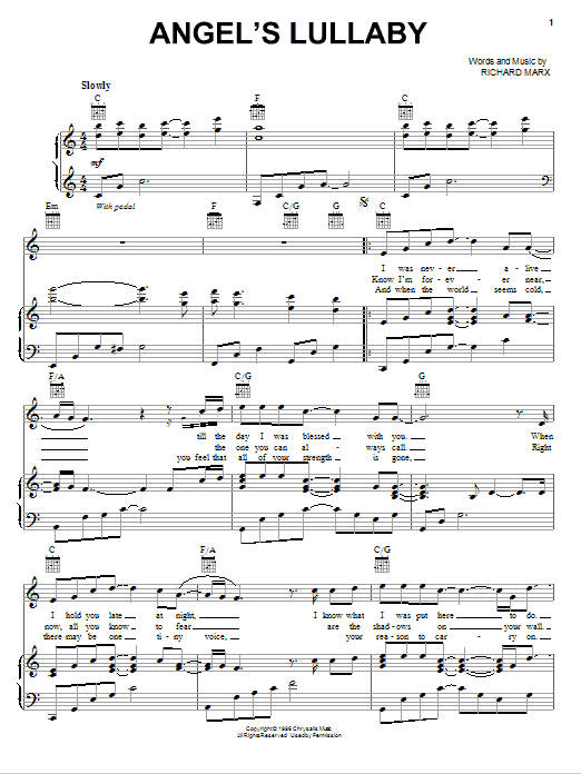 Learn to play Richard Marx Angel's Lullaby sheet music for Piano, Vocal & Guitar Chords (Right-Hand Melody) in minutes. Price: 7.8900$ Richard Marx Angel's Lullaby sheet music notes and chords arranged for Piano, Vocal & Guitar Chords (Right-Hand Melody)