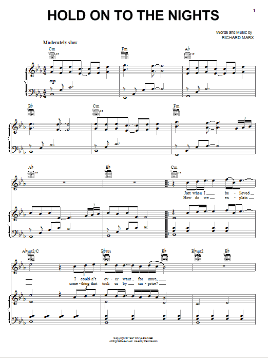 Richard Marx Hold On To The Nights sheet music notes and chords. Download Printable PDF.