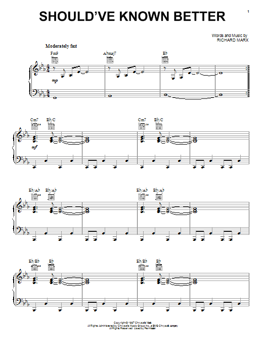 Learn to play Richard Marx Should've Known Better sheet music for Piano, Vocal & Guitar Chords (Right-Hand Melody) in minutes. Price: 7.8900$ Richard Marx Should've Known Better sheet music notes and chords arranged for Piano, Vocal & Guitar Chords (Right-Hand Melody)