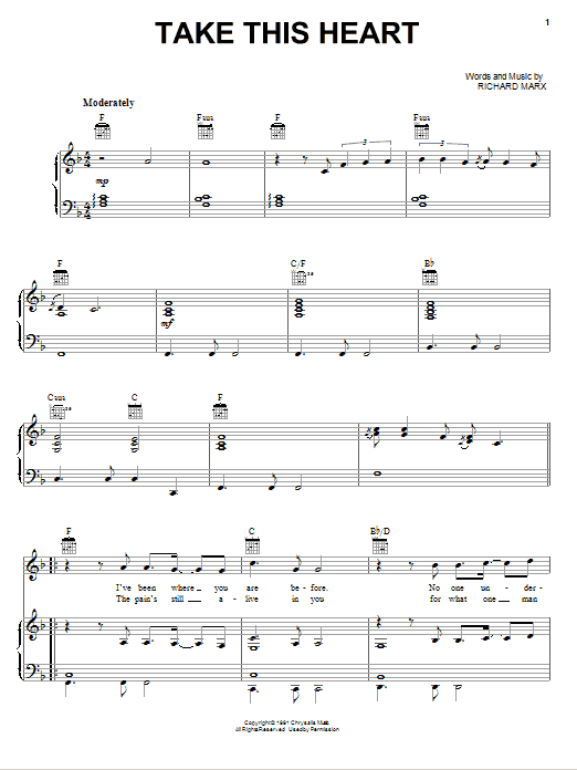 Learn to play Richard Marx Take This Heart sheet music for Piano, Vocal & Guitar Chords (Right-Hand Melody) in minutes. Price: 7.8900$ Richard Marx Take This Heart sheet music notes and chords arranged for Piano, Vocal & Guitar Chords (Right-Hand Melody)