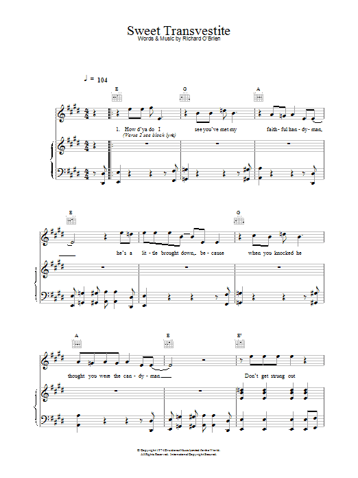 Richard O Brien Sweet Transvestite sheet music notes and chords. Download Printable PDF.