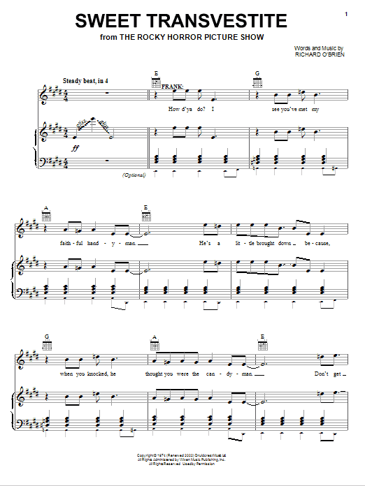 Learn to play Richard O'Brien Sweet Transvestite sheet music for Piano, Vocal & Guitar Chords (Right-Hand Melody) in minutes. Price: 7.8900$ Richard O'Brien Sweet Transvestite sheet music notes and chords arranged for Piano, Vocal & Guitar Chords (Right-Hand Melody)