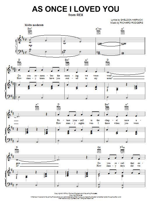 Learn to play Richard Rodgers As Once I Loved You sheet music for Piano, Vocal & Guitar Chords (Right-Hand Melody) in minutes. Price: 7.8900$ Richard Rodgers As Once I Loved You sheet music notes and chords arranged for Piano, Vocal & Guitar Chords (Right-Hand Melody)