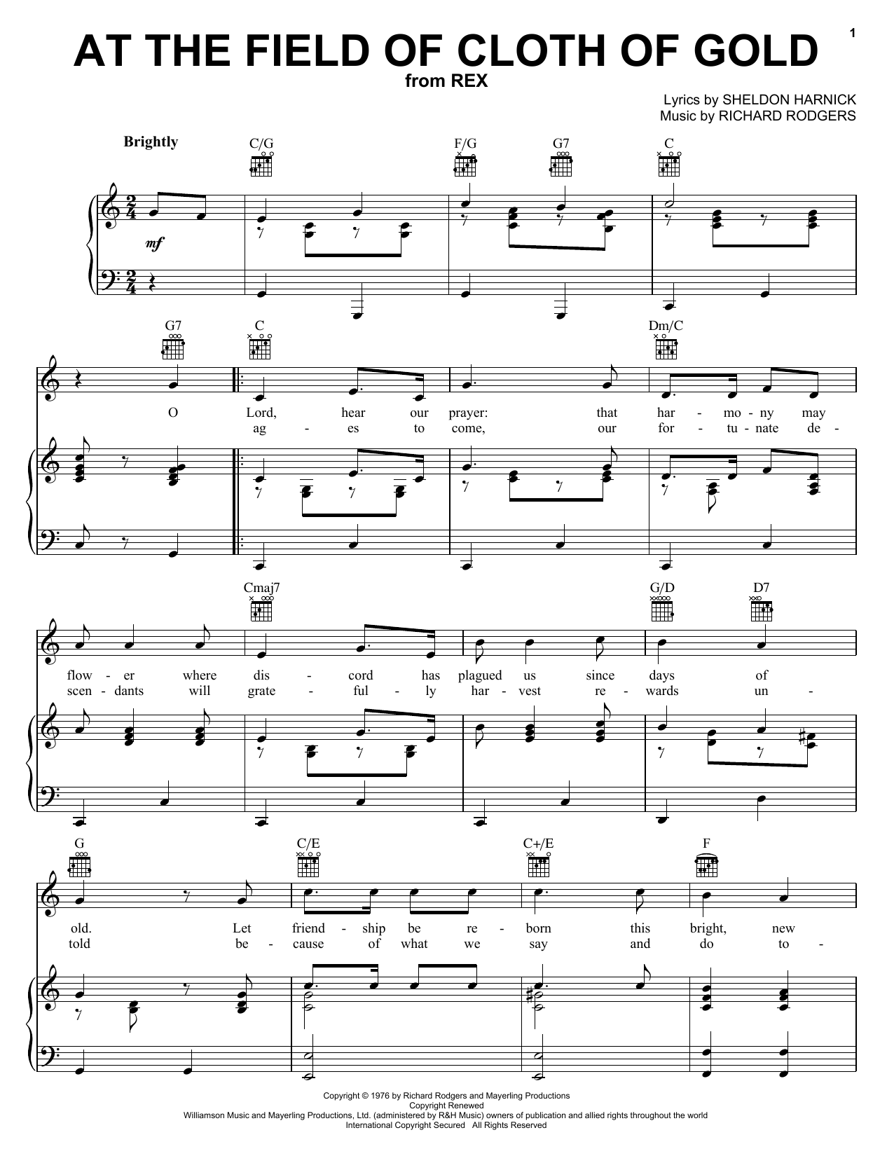 Learn to play Richard Rodgers At The Field Of Cloth Of Gold sheet music for Piano, Vocal & Guitar Chords (Right-Hand Melody) in minutes. Price: 7.8900$ Richard Rodgers At The Field Of Cloth Of Gold sheet music notes and chords arranged for Piano, Vocal & Guitar Chords (Right-Hand Melody)