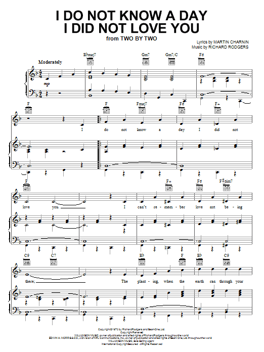 Learn to play Richard Rodgers I Do Not Know A Day I Did Not Love You sheet music for Piano, Vocal & Guitar Chords (Right-Hand Melody) in minutes. Price: 7.8900$ Richard Rodgers I Do Not Know A Day I Did Not Love You sheet music notes and chords arranged for Piano, Vocal & Guitar Chords (Right-Hand Melody)