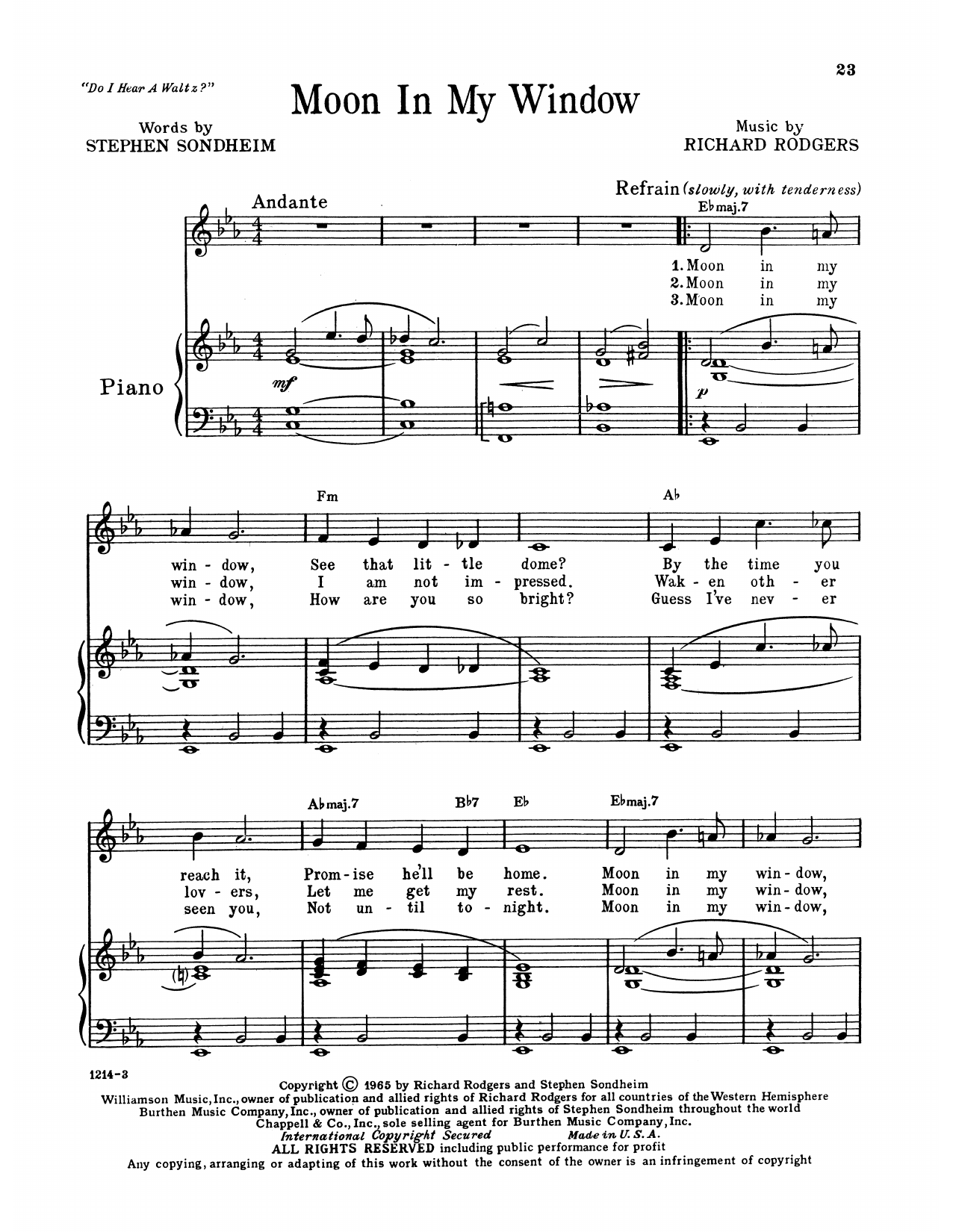 Learn to play Richard Rodgers & Stephen Sondheim Moon In My Window (from Do I Hear A Waltz?) sheet music for Piano, Vocal & Guitar Chords (Right-Hand Melody) in minutes. Price: 7.8900$ Richard Rodgers & Stephen Sondheim Moon In My Window (from Do I Hear A Waltz?) sheet music notes and chords arranged for Piano, Vocal & Guitar Chords (Right-Hand Melody)