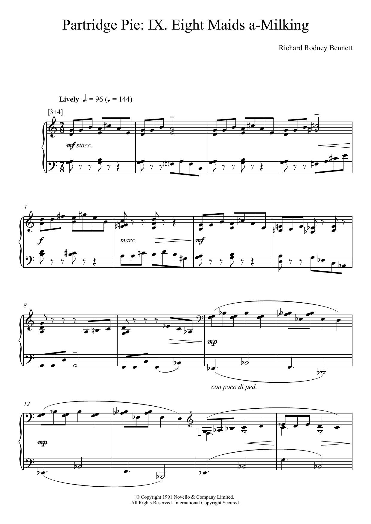 Learn to play Richard Rodney Bennett Eight Maids A-Milking (from Partridge Pie) sheet music for Piano Solo in minutes. Price: 7.8900$ Richard Rodney Bennett Eight Maids A-Milking (from Partridge Pie) sheet music notes and chords arranged for Piano Solo