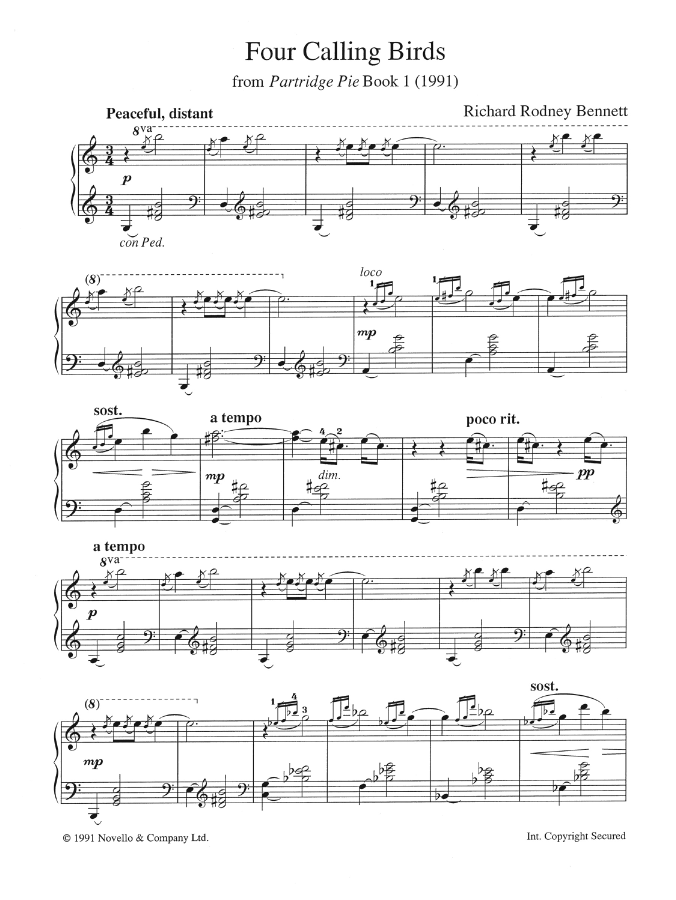 Learn to play Richard Rodney Bennett Four Calling Birds (from 'Partridge Pie Book 1') sheet music for Piano Solo in minutes. Price: 6.9900$ Richard Rodney Bennett Four Calling Birds (from 'Partridge Pie Book 1') sheet music notes and chords arranged for Piano Solo