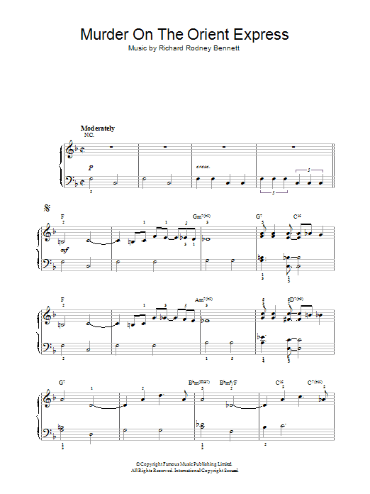 Learn to play Richard Rodney Bennett Murder On The Orient Express sheet music for Piano, Vocal & Guitar Chords in minutes. Price: 7.8900$ Richard Rodney Bennett Murder On The Orient Express sheet music notes and chords arranged for Piano, Vocal & Guitar Chords