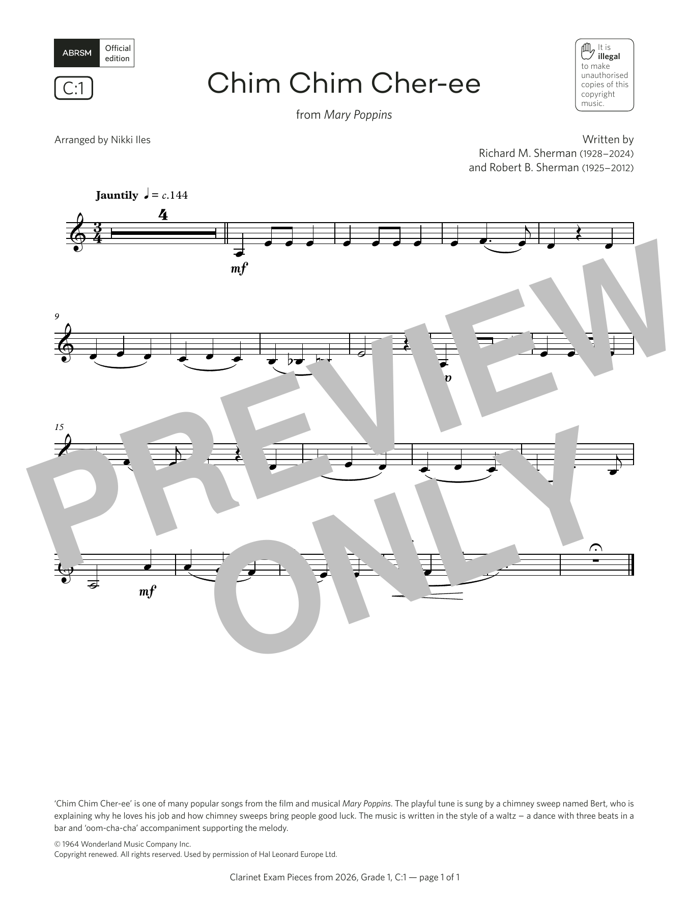 Learn to play Richard Sherman & Robert Sherman Chim Chim Cher-ee (Grade 1, list C1, from the ABRSM Clarinet Syllabus from 2026) sheet music for Clarinet Solo in minutes. Price: 3.9900$ Richard Sherman & Robert Sherman Chim Chim Cher-ee (Grade 1, list C1, from the ABRSM Clarinet Syllabus from 2026) sheet music notes and chords arranged for Clarinet Solo