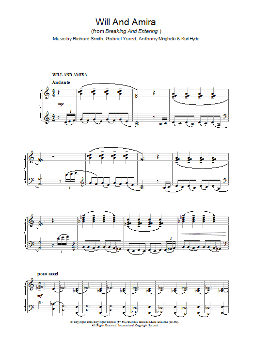 Learn to play Richard Smith Will And Amira (from Breaking And Entering) sheet music for Piano Solo in minutes. Price: 7.8900$ Richard Smith Will And Amira (from Breaking And Entering) sheet music notes and chords arranged for Piano Solo