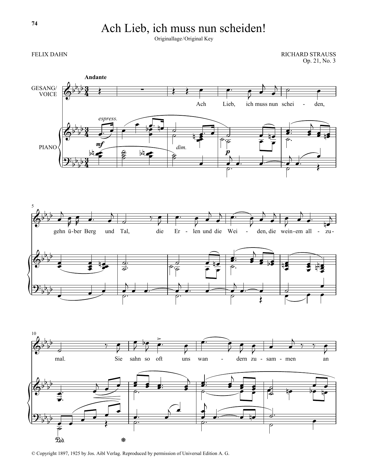 Learn to play Richard Strauss Ach Lieb, Ich Muss Nun Scheiden! (High Voice) sheet music for Piano & Vocal in minutes. Price: 7.8900$ Richard Strauss Ach Lieb, Ich Muss Nun Scheiden! (High Voice) sheet music notes and chords arranged for Piano & Vocal