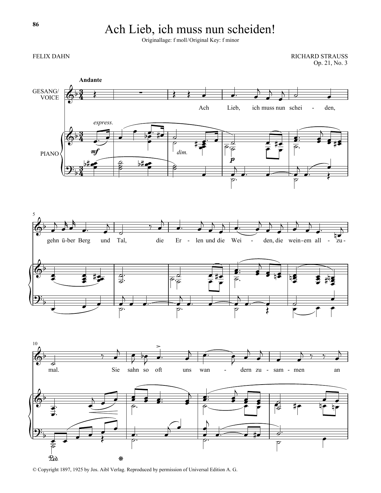Learn to play Richard Strauss Ach Lieb, Ich Muss Nun Scheiden! (Low Voice) sheet music for Piano & Vocal in minutes. Price: 7.8900$ Richard Strauss Ach Lieb, Ich Muss Nun Scheiden! (Low Voice) sheet music notes and chords arranged for Piano & Vocal