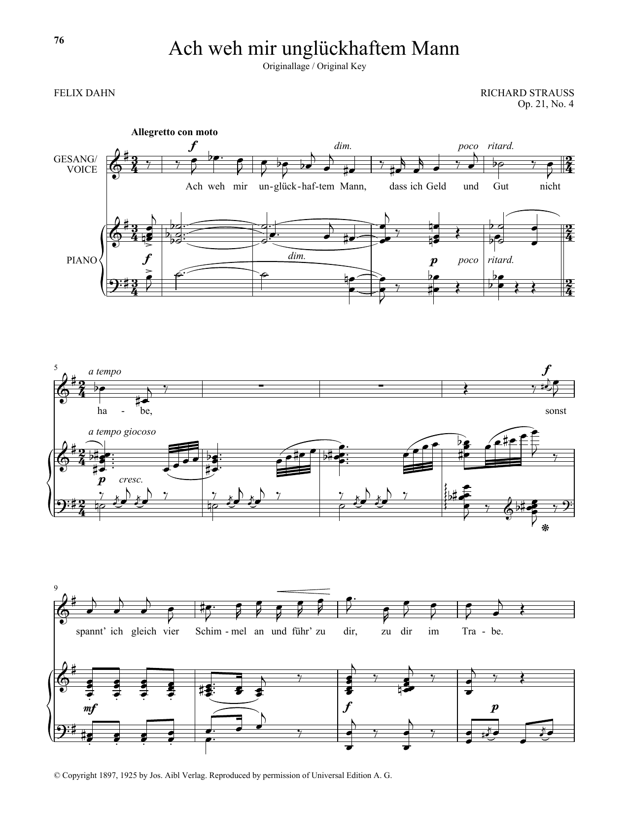 Learn to play Richard Strauss Ach Weh Mir Ungluckhaftem Mann (High Voice) sheet music for Piano & Vocal in minutes. Price: 7.8900$ Richard Strauss Ach Weh Mir Ungluckhaftem Mann (High Voice) sheet music notes and chords arranged for Piano & Vocal