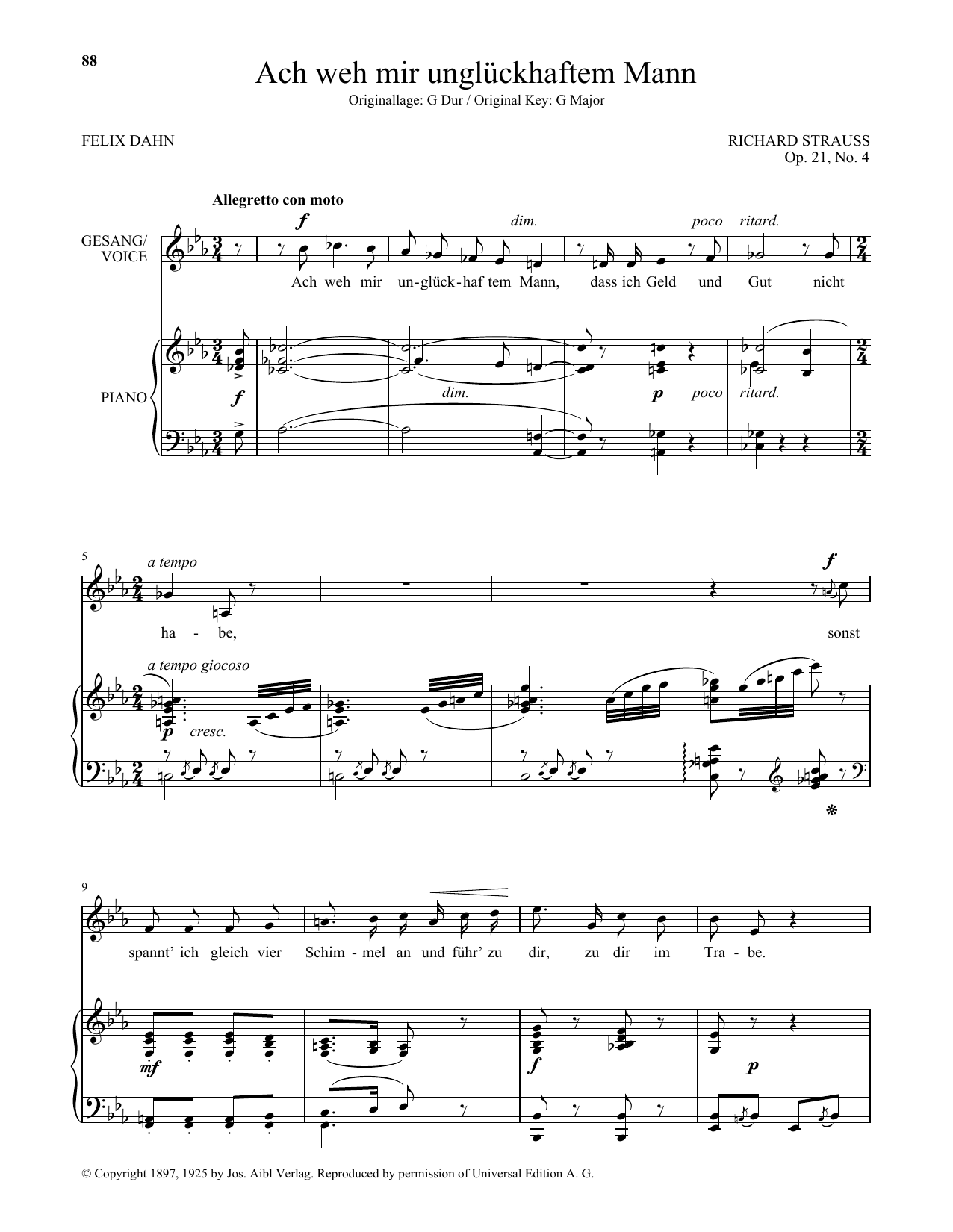 Richard Strauss Ach Weh Mir Ungluckhaftem Mann (Low Voice) sheet music notes and chords arranged for Piano & Vocal