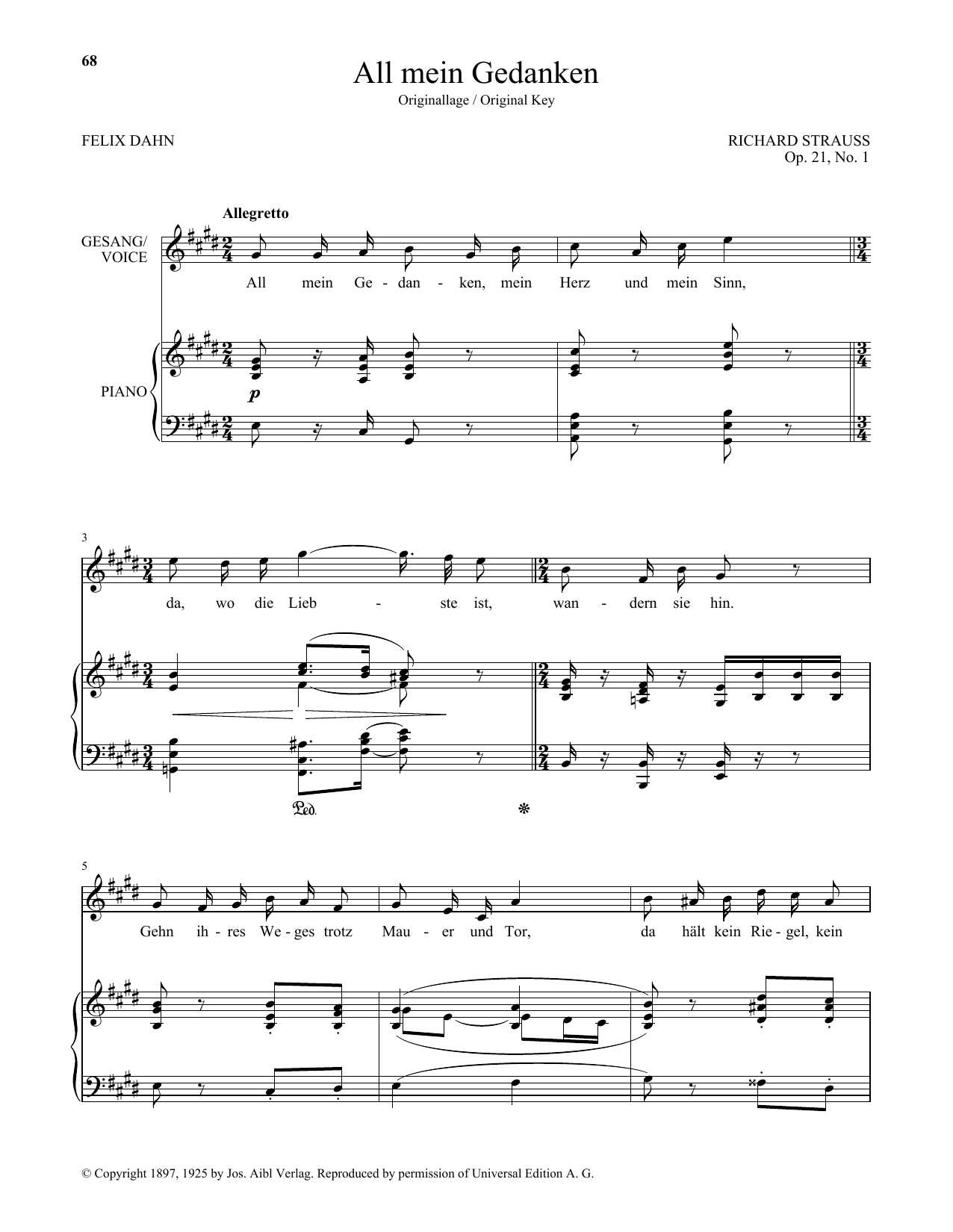 Richard Strauss All Mein Gedanken (High Voice) sheet music notes and chords. Download Printable PDF.