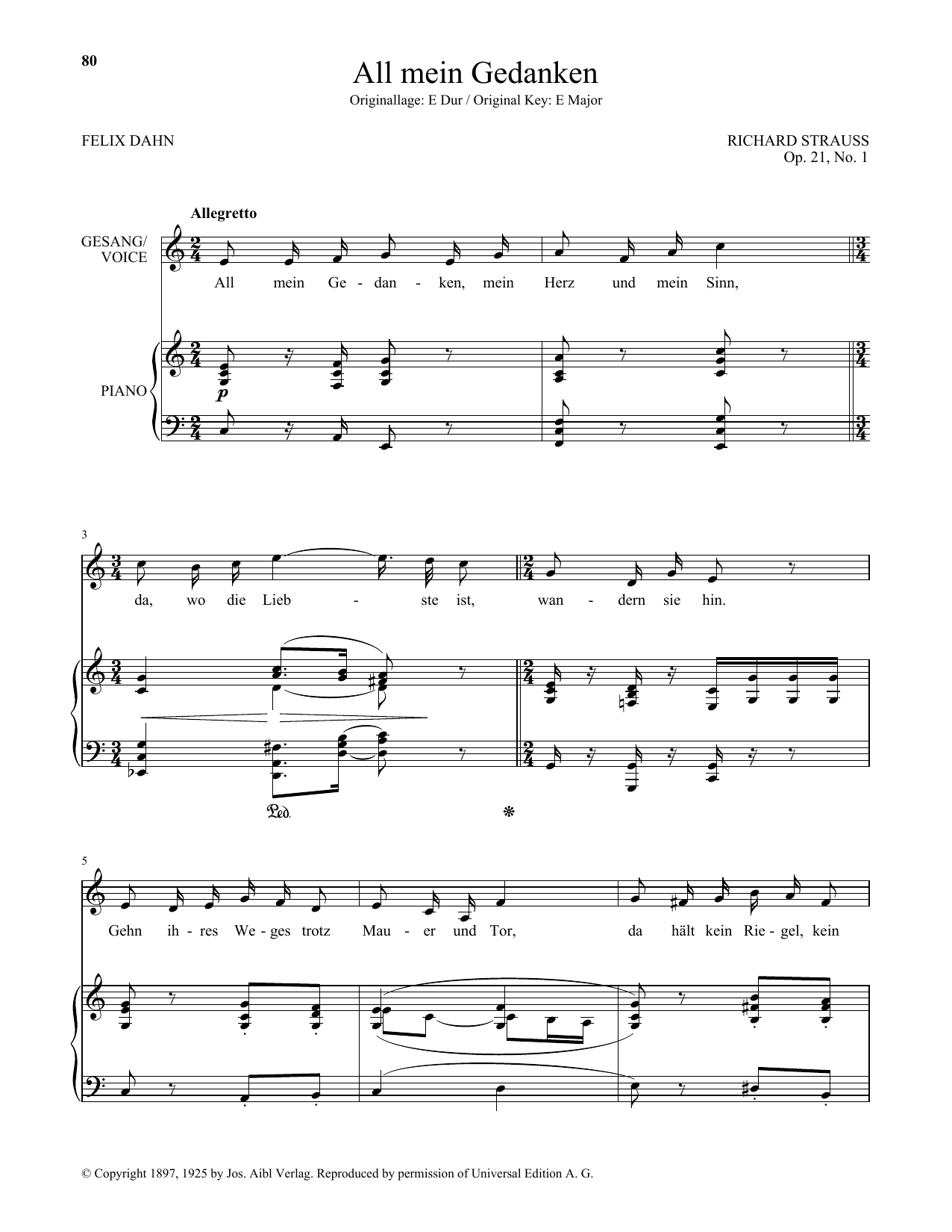 Learn to play Richard Strauss All Mein Gedanken (Low Voice) sheet music for Piano & Vocal in minutes. Price: 7.8900$ Richard Strauss All Mein Gedanken (Low Voice) sheet music notes and chords arranged for Piano & Vocal