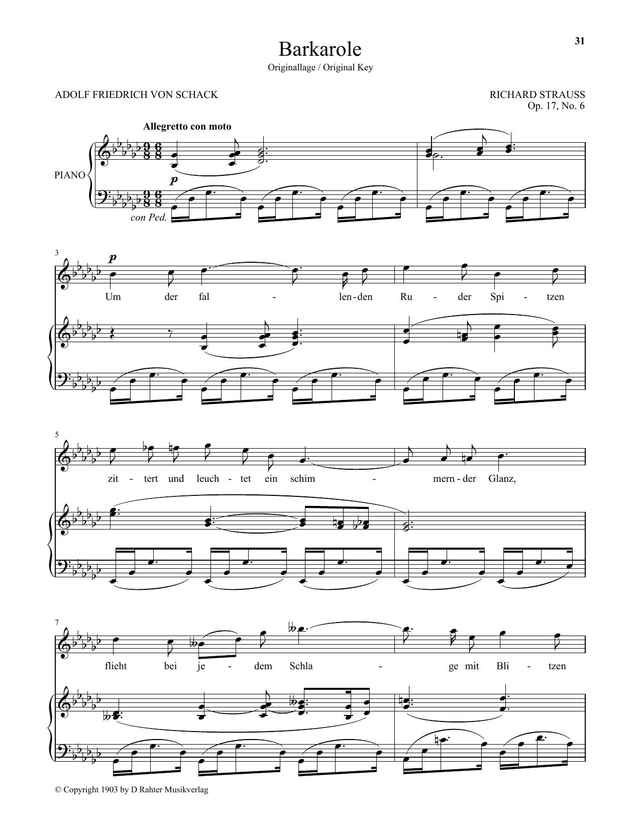 Learn to play Richard Strauss Barkarole (High Voice) sheet music for Piano & Vocal in minutes. Price: 7.8900$ Richard Strauss Barkarole (High Voice) sheet music notes and chords arranged for Piano & Vocal