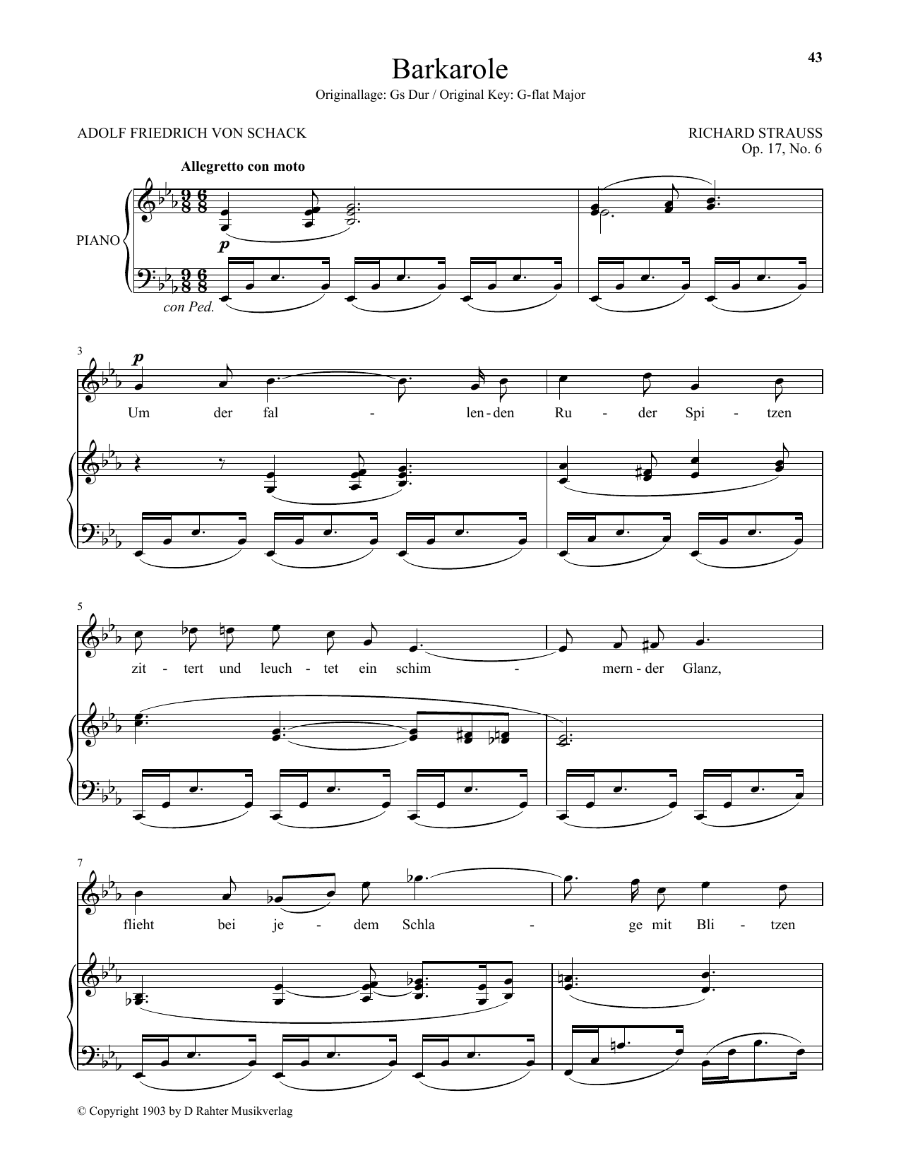 Learn to play Richard Strauss Barkarole (Low Voice) sheet music for Piano & Vocal in minutes. Price: 7.8900$ Richard Strauss Barkarole (Low Voice) sheet music notes and chords arranged for Piano & Vocal