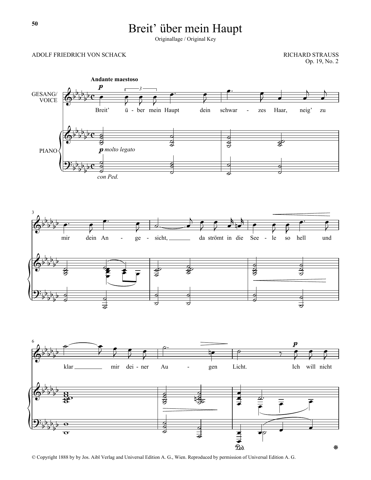 Learn to play Richard Strauss Breit' Uber Mein Haupt (High Voice) sheet music for Piano & Vocal in minutes. Price: 7.8900$ Richard Strauss Breit' Uber Mein Haupt (High Voice) sheet music notes and chords arranged for Piano & Vocal