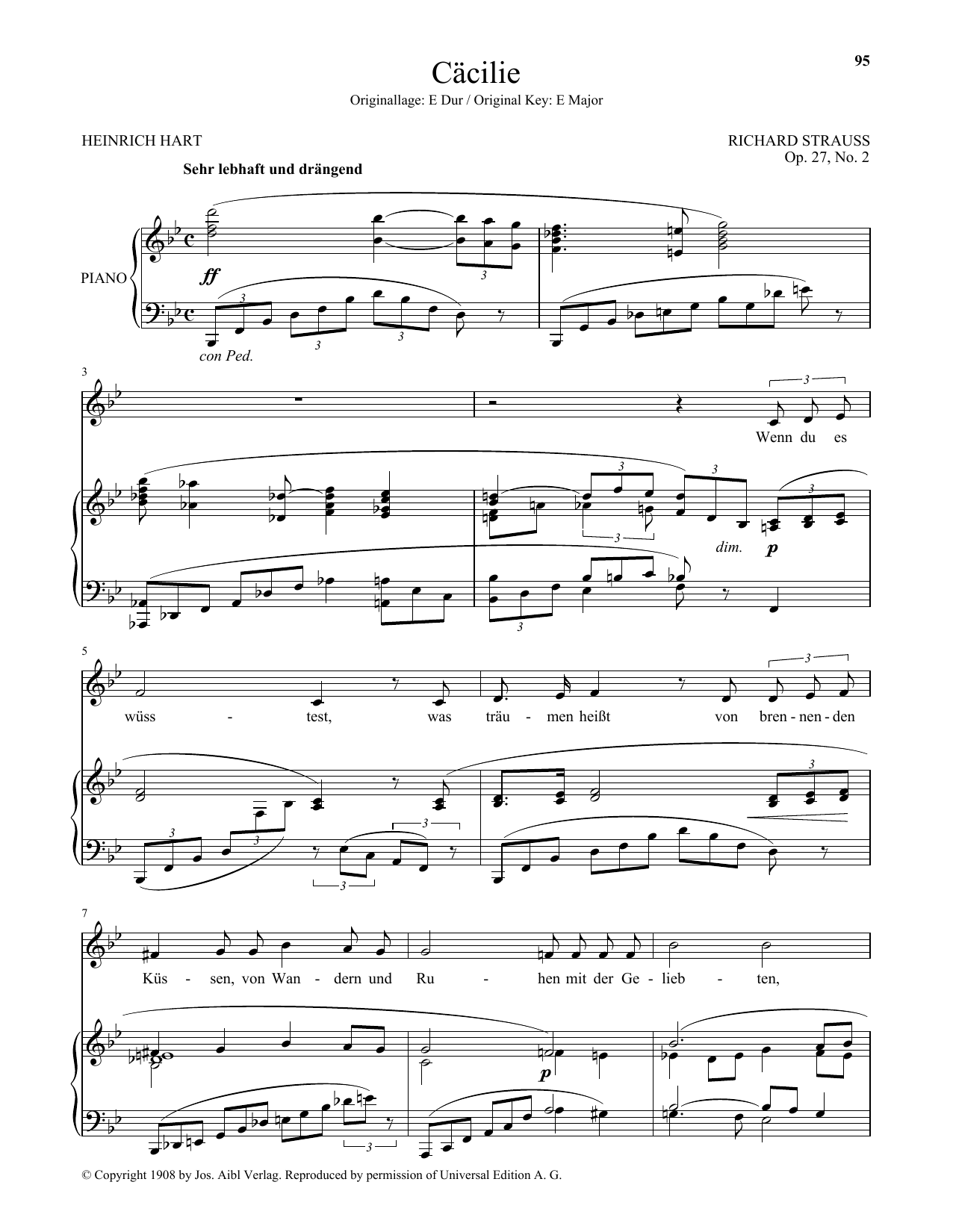 Learn to play Richard Strauss Cacilie (Low Voice) sheet music for Piano & Vocal in minutes. Price: 7.8900$ Richard Strauss Cacilie (Low Voice) sheet music notes and chords arranged for Piano & Vocal