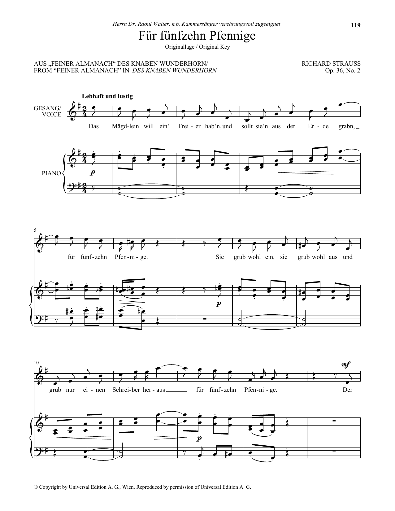 Learn to play Richard Strauss Fur Funfzehn Pfennige (High Voice) sheet music for Piano & Vocal in minutes. Price: 7.8900$ Richard Strauss Fur Funfzehn Pfennige (High Voice) sheet music notes and chords arranged for Piano & Vocal