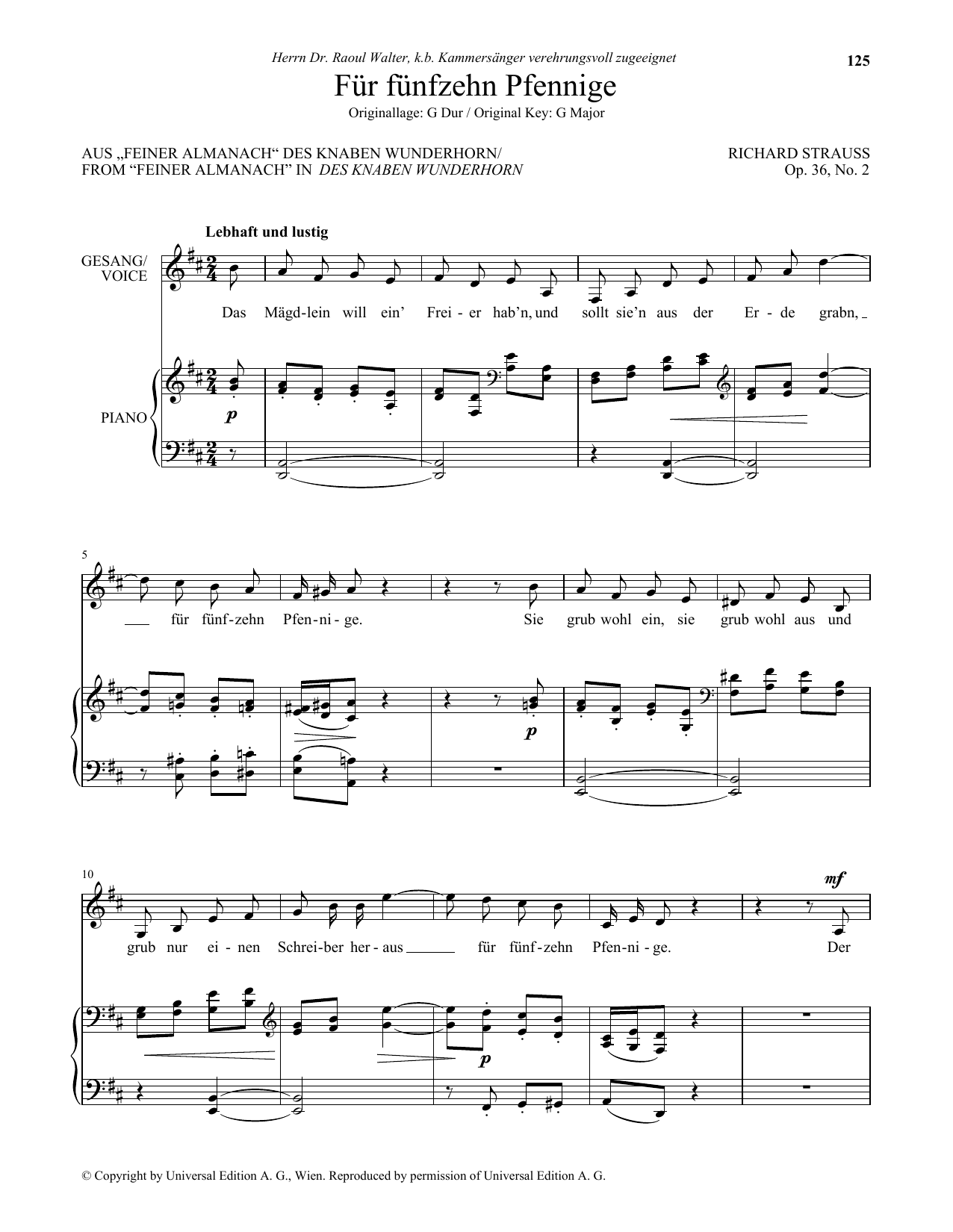 Learn to play Richard Strauss Fur Funfzehn Pfennige (Low Voice) sheet music for Piano & Vocal in minutes. Price: 7.8900$ Richard Strauss Fur Funfzehn Pfennige (Low Voice) sheet music notes and chords arranged for Piano & Vocal