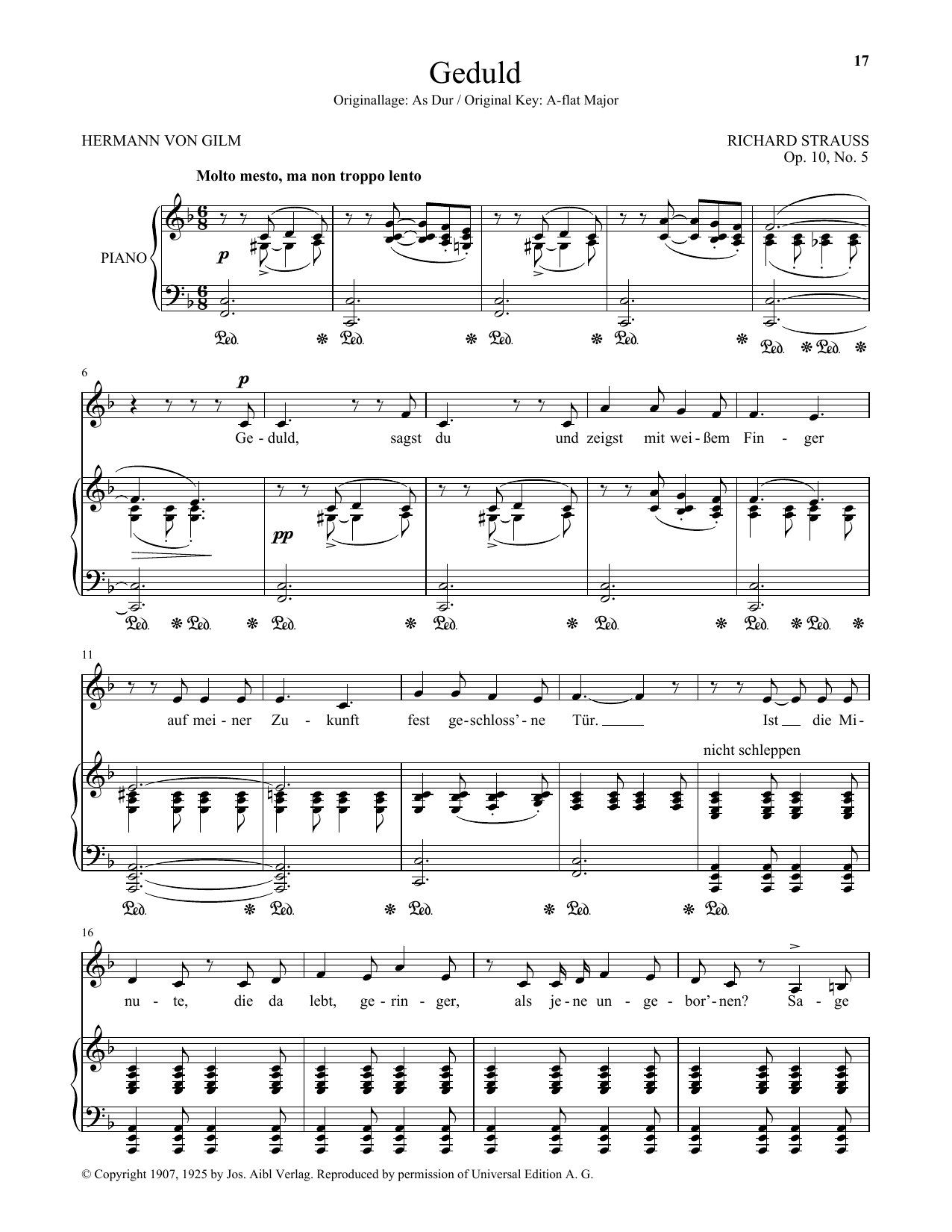 Learn to play Richard Strauss Geduld (Low Voice) sheet music for Piano & Vocal in minutes. Price: 7.8900$ Richard Strauss Geduld (Low Voice) sheet music notes and chords arranged for Piano & Vocal