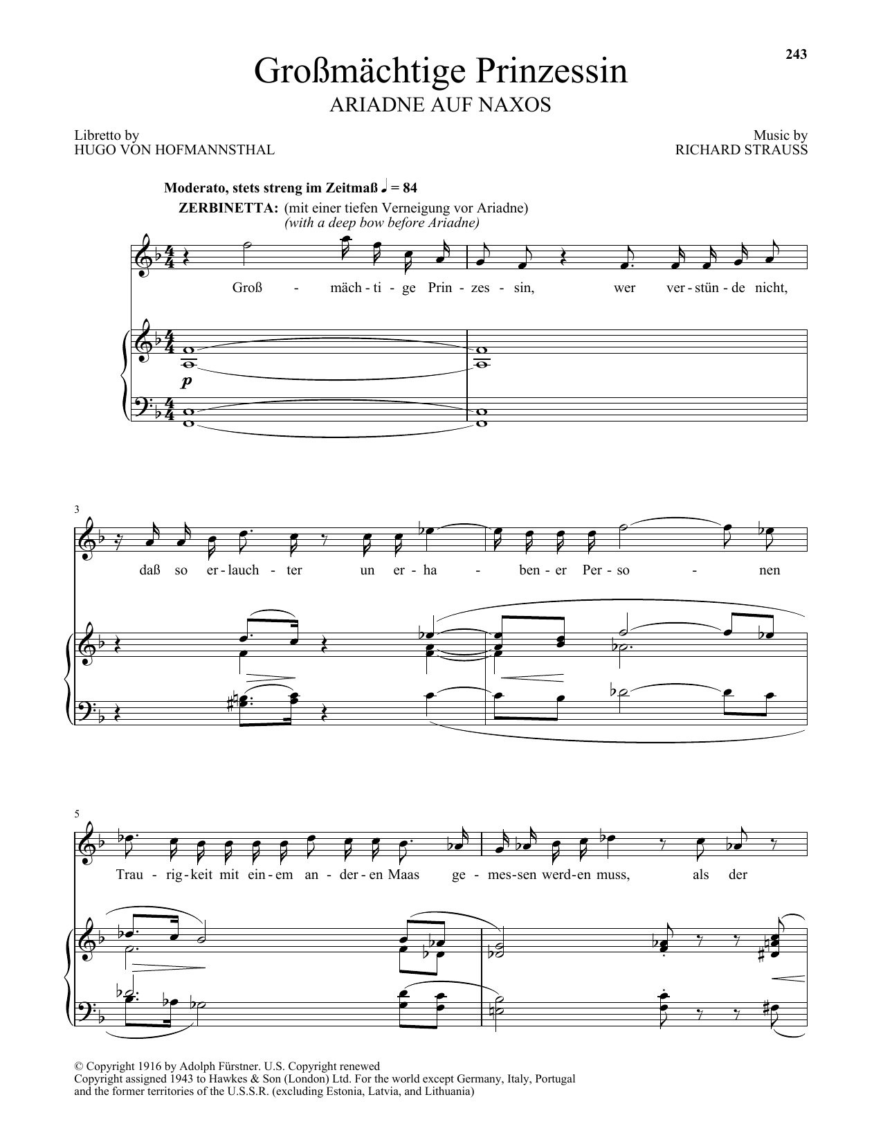 Learn to play Richard Strauss Grossmatige Prinzessin (from Ariadne auf Naxos) sheet music for Piano & Vocal in minutes. Price: 7.8900$ Richard Strauss Grossmatige Prinzessin (from Ariadne auf Naxos) sheet music notes and chords arranged for Piano & Vocal