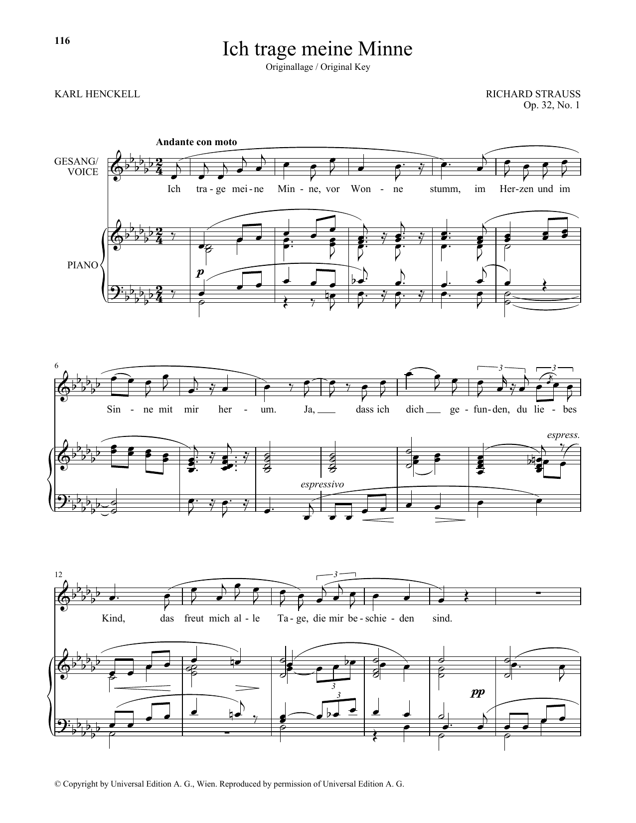 Learn to play Richard Strauss Ich Trage Meine Minne (High Voice) sheet music for Piano & Vocal in minutes. Price: 7.8900$ Richard Strauss Ich Trage Meine Minne (High Voice) sheet music notes and chords arranged for Piano & Vocal