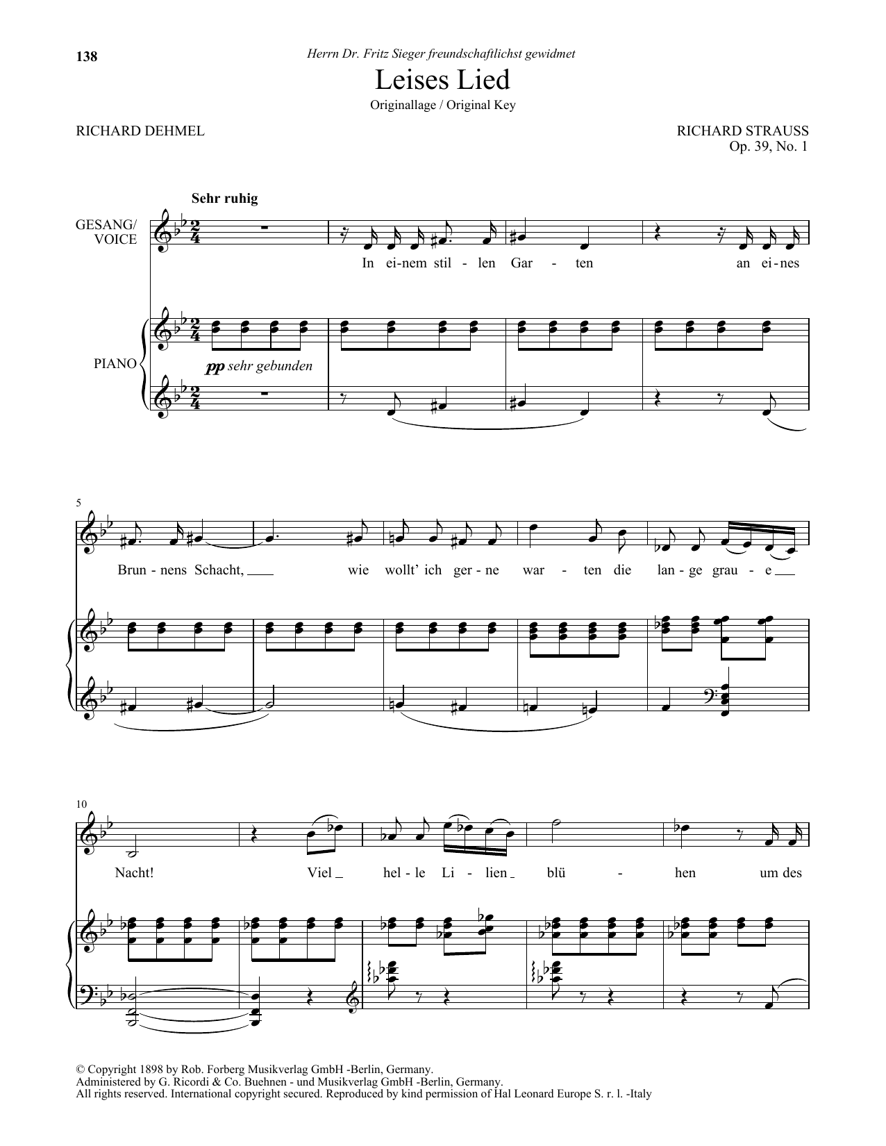 Learn to play Richard Strauss Leises Lied (High Voice) sheet music for Piano & Vocal in minutes. Price: 7.8900$ Richard Strauss Leises Lied (High Voice) sheet music notes and chords arranged for Piano & Vocal