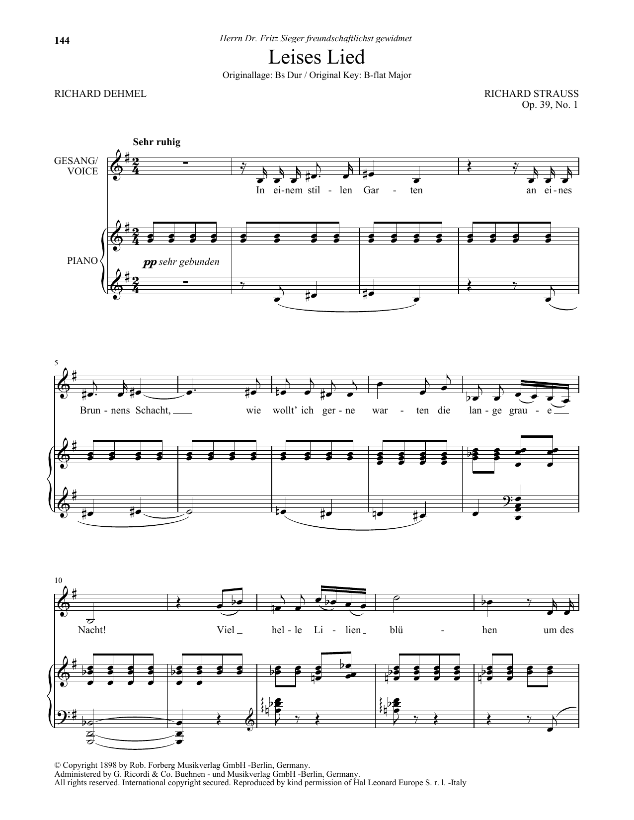 Learn to play Richard Strauss Leises Lied (Low Voice) sheet music for Piano & Vocal in minutes. Price: 7.8900$ Richard Strauss Leises Lied (Low Voice) sheet music notes and chords arranged for Piano & Vocal