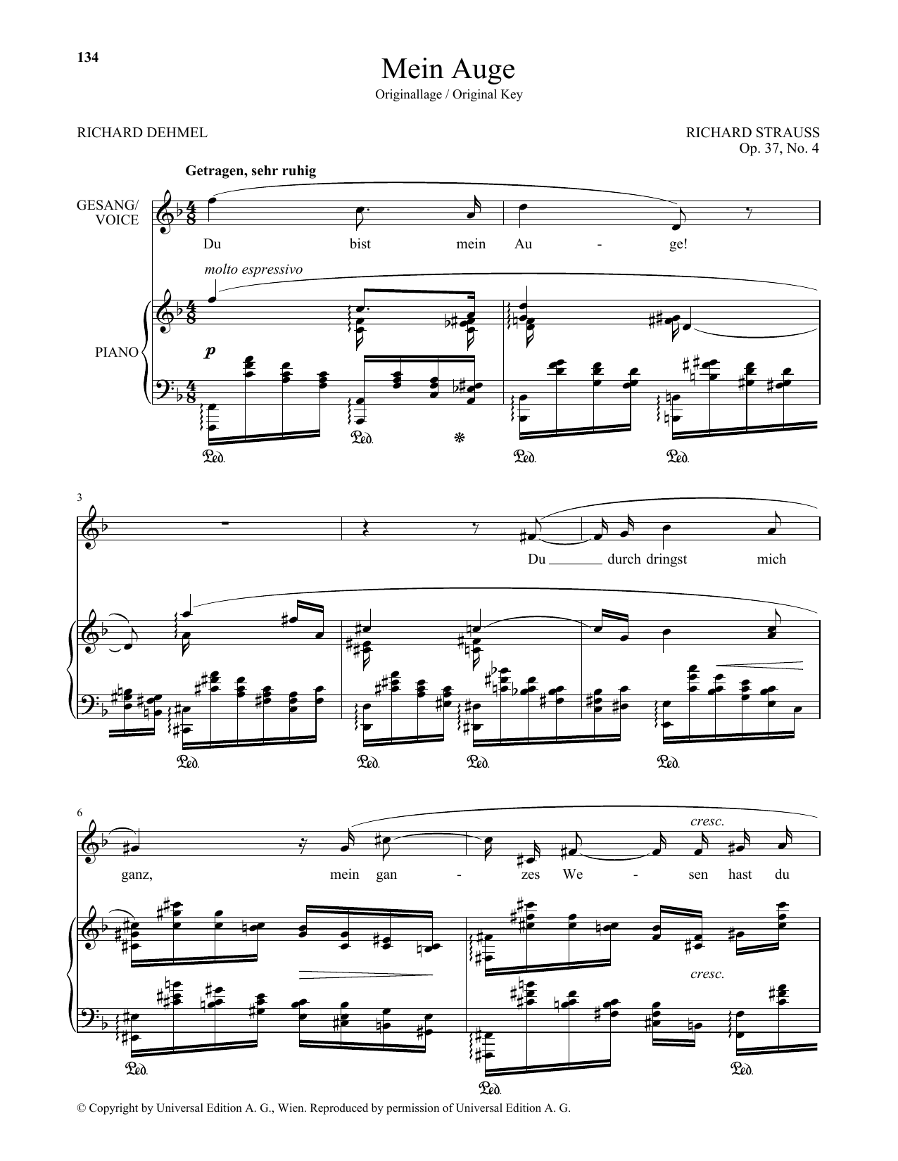 Richard Strauss Mein Auge (High Voice) sheet music notes and chords arranged for Piano & Vocal