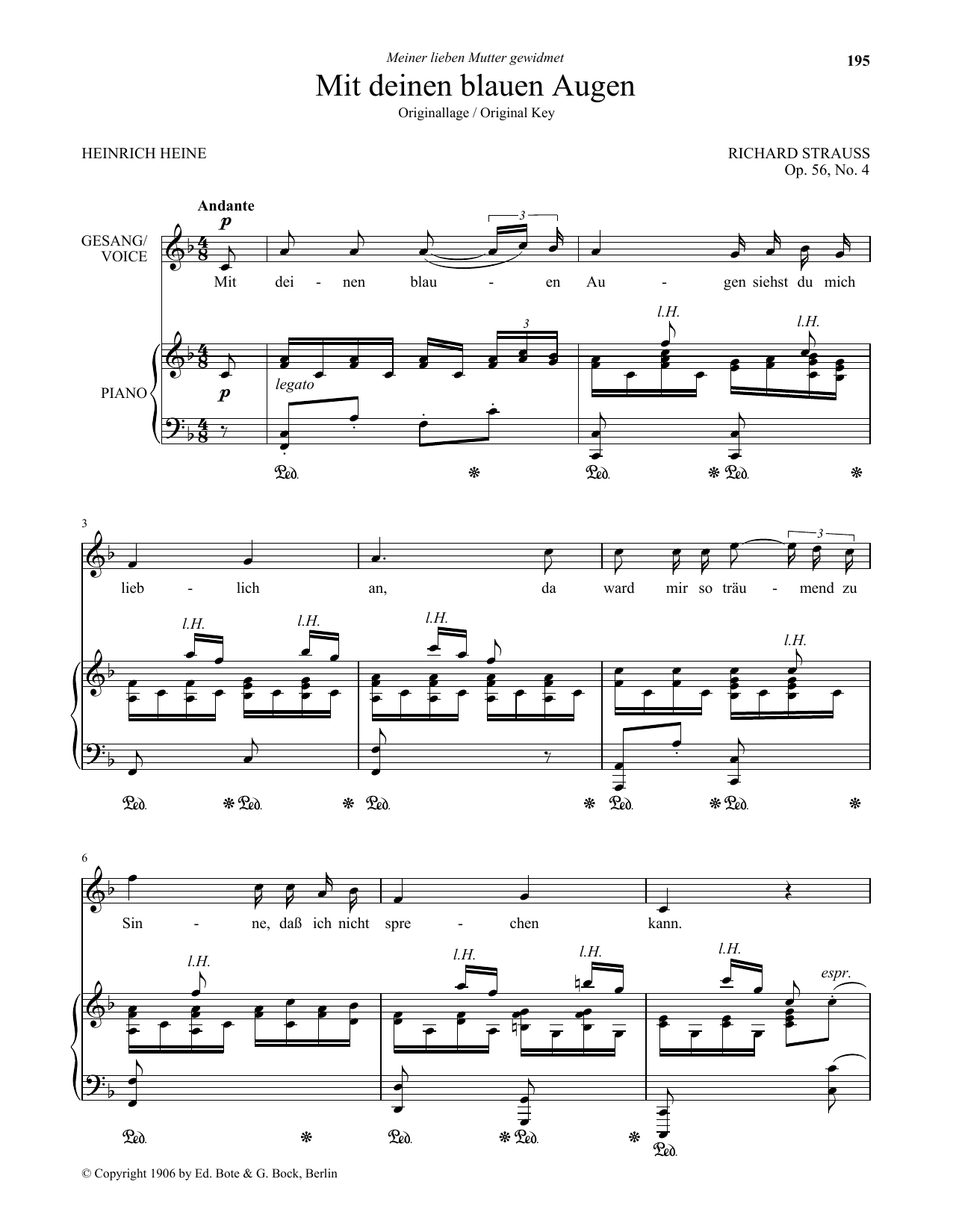 Learn to play Richard Strauss Mit Deinen Blauen Augen (Low Voice) sheet music for Piano & Vocal in minutes. Price: 7.8900$ Richard Strauss Mit Deinen Blauen Augen (Low Voice) sheet music notes and chords arranged for Piano & Vocal