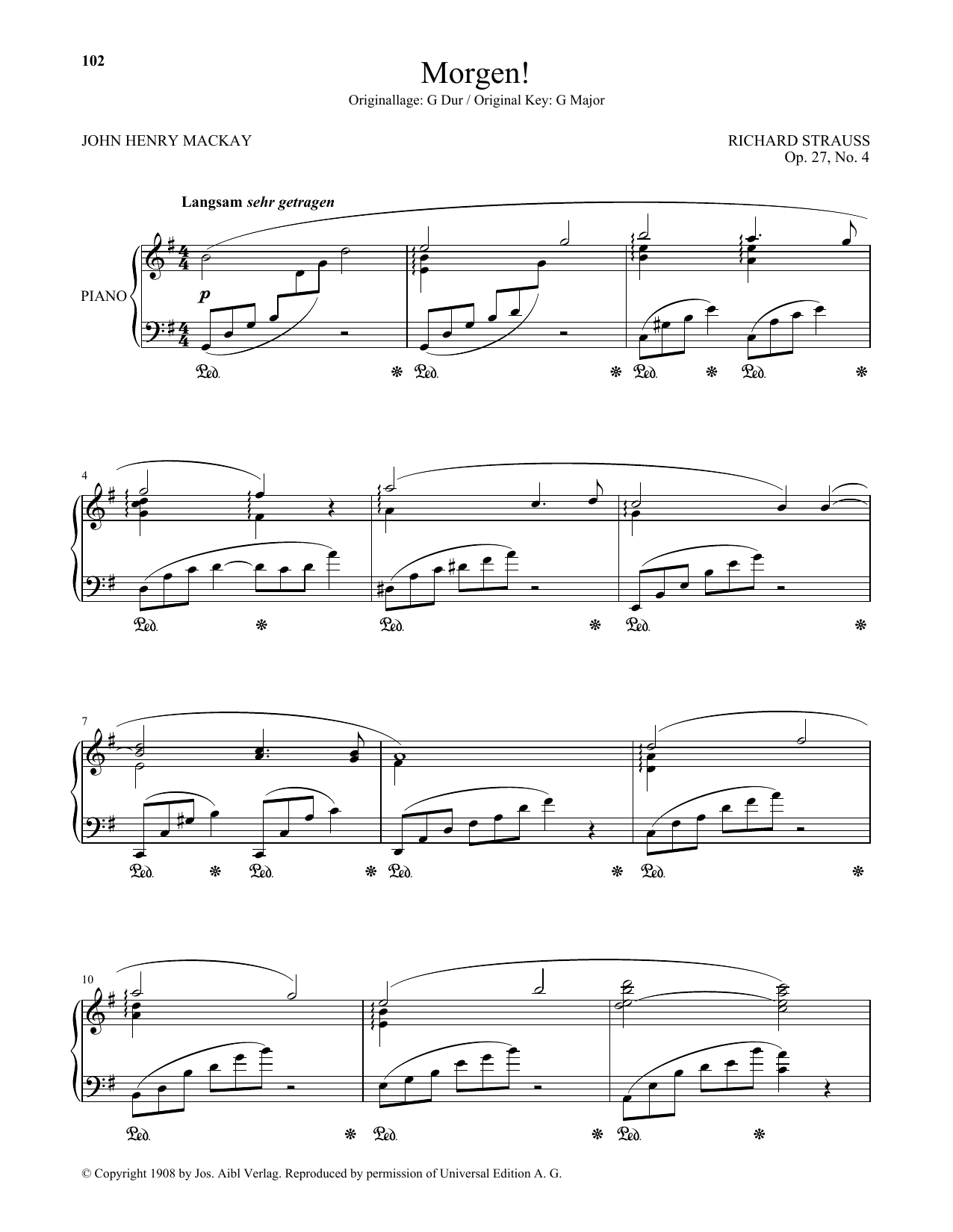 Learn to play Richard Strauss Morgen! (High Voice) sheet music for Piano & Vocal in minutes. Price: 7.8900$ Richard Strauss Morgen! (High Voice) sheet music notes and chords arranged for Piano & Vocal
