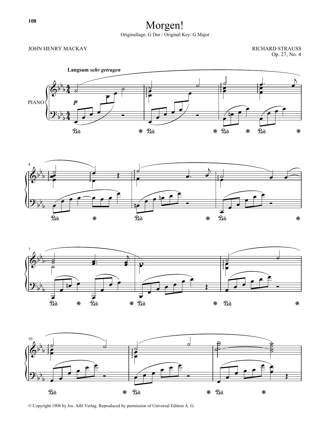 Learn to play Richard Strauss Morgen! (Low Voice) sheet music for Piano & Vocal in minutes. Price: 7.8900$ Richard Strauss Morgen! (Low Voice) sheet music notes and chords arranged for Piano & Vocal
