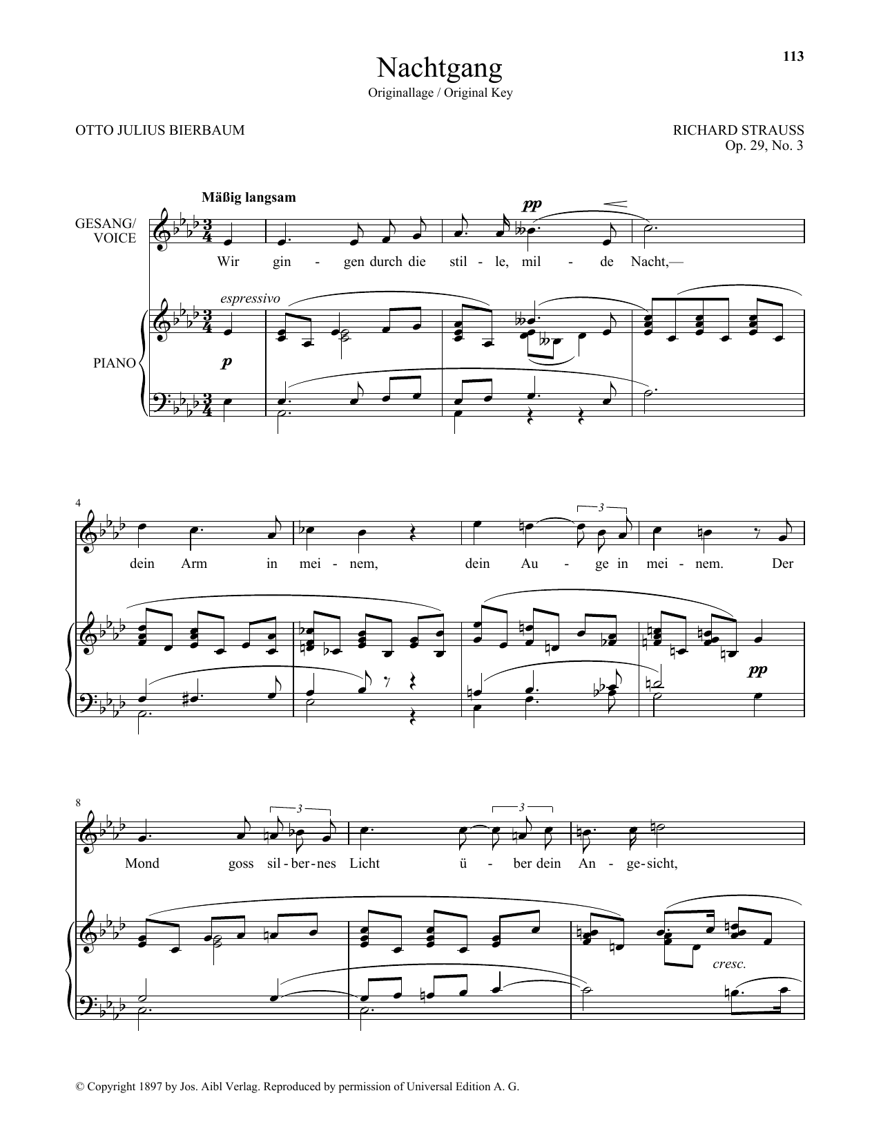 Learn to play Richard Strauss Nachtgang (High Voice) sheet music for Piano & Vocal in minutes. Price: 7.8900$ Richard Strauss Nachtgang (High Voice) sheet music notes and chords arranged for Piano & Vocal