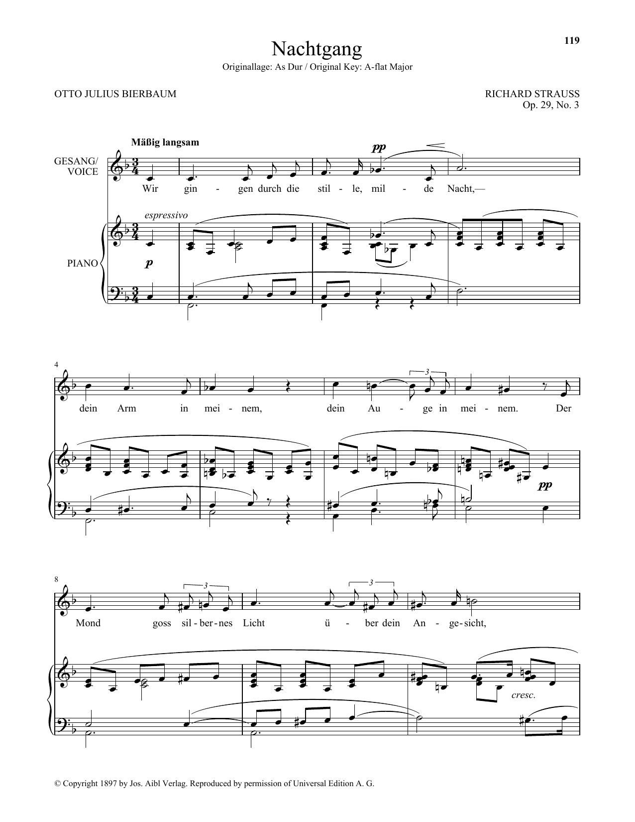 Learn to play Richard Strauss Nachtgang (Low Voice) sheet music for Piano & Vocal in minutes. Price: 7.8900$ Richard Strauss Nachtgang (Low Voice) sheet music notes and chords arranged for Piano & Vocal