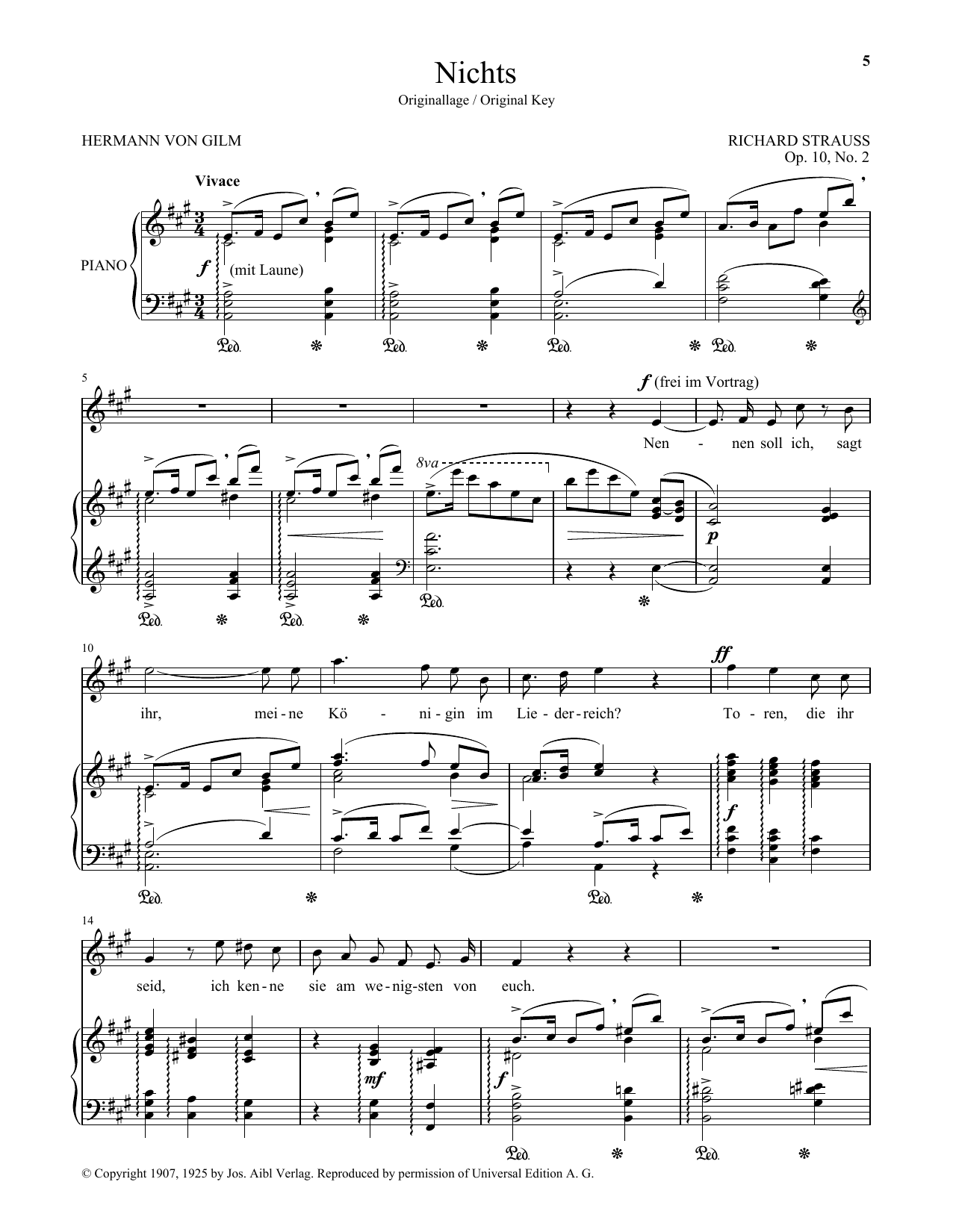 Learn to play Richard Strauss Nichts (High Voice) sheet music for Piano & Vocal in minutes. Price: 7.8900$ Richard Strauss Nichts (High Voice) sheet music notes and chords arranged for Piano & Vocal