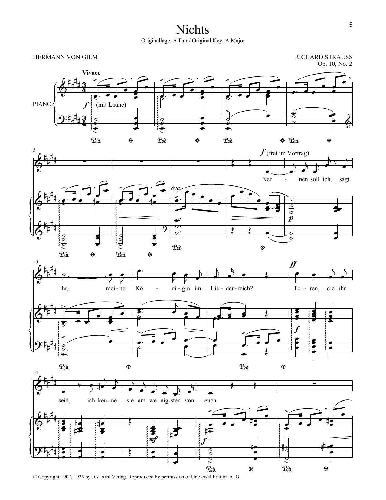 Learn to play Richard Strauss Nichts (Low Voice) sheet music for Piano & Vocal in minutes. Price: 7.8900$ Richard Strauss Nichts (Low Voice) sheet music notes and chords arranged for Piano & Vocal