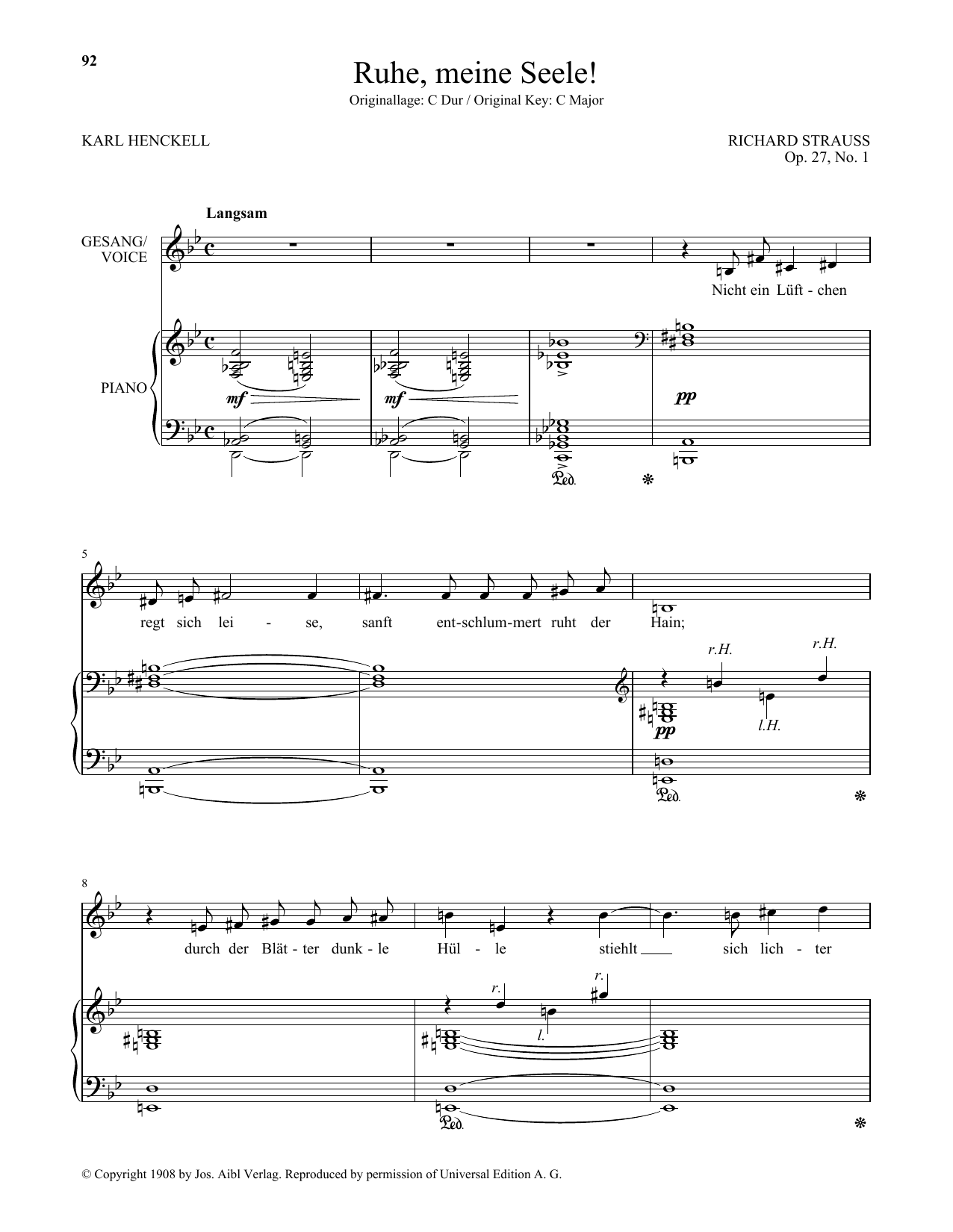 Learn to play Richard Strauss Ruhe, Meine Seele! (Low Voice) sheet music for Piano & Vocal in minutes. Price: 7.8900$ Richard Strauss Ruhe, Meine Seele! (Low Voice) sheet music notes and chords arranged for Piano & Vocal