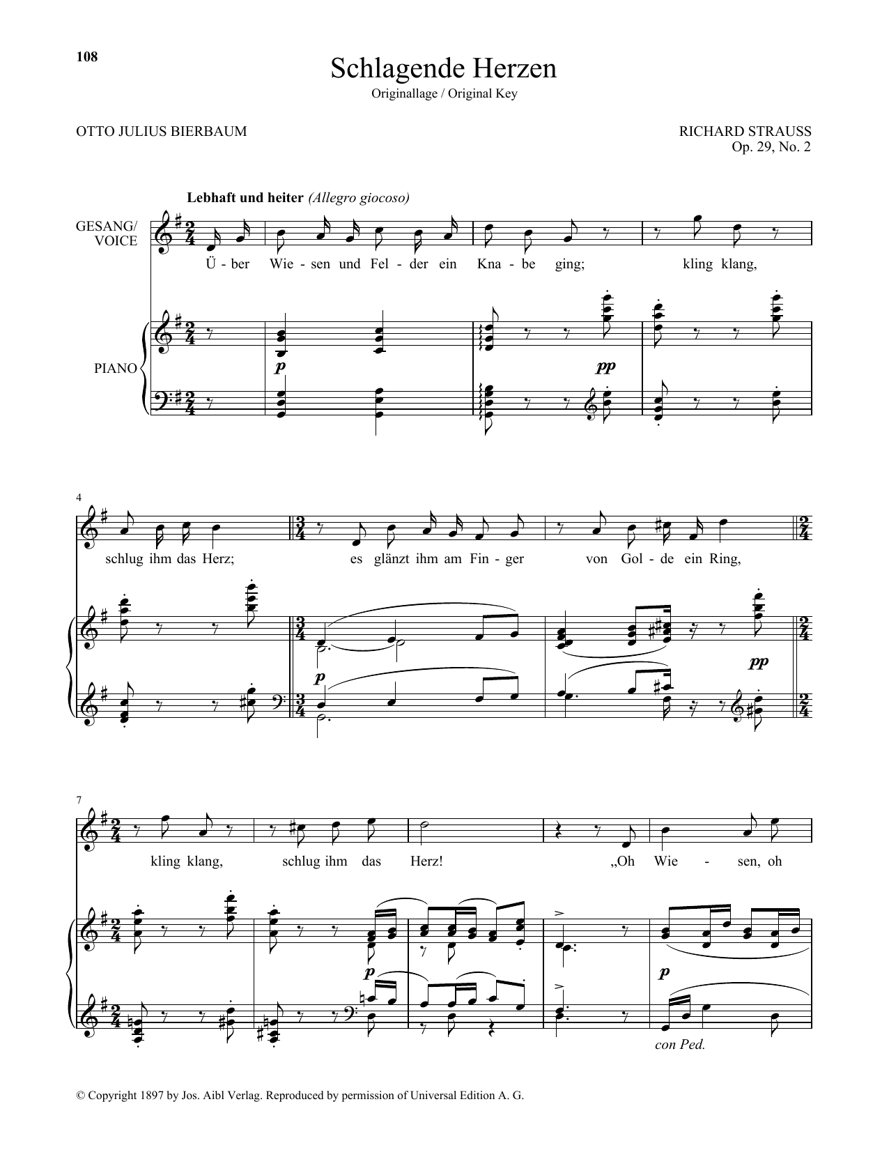 Learn to play Richard Strauss Schlagende Herzen (High Voice) sheet music for Piano & Vocal in minutes. Price: 7.8900$ Richard Strauss Schlagende Herzen (High Voice) sheet music notes and chords arranged for Piano & Vocal