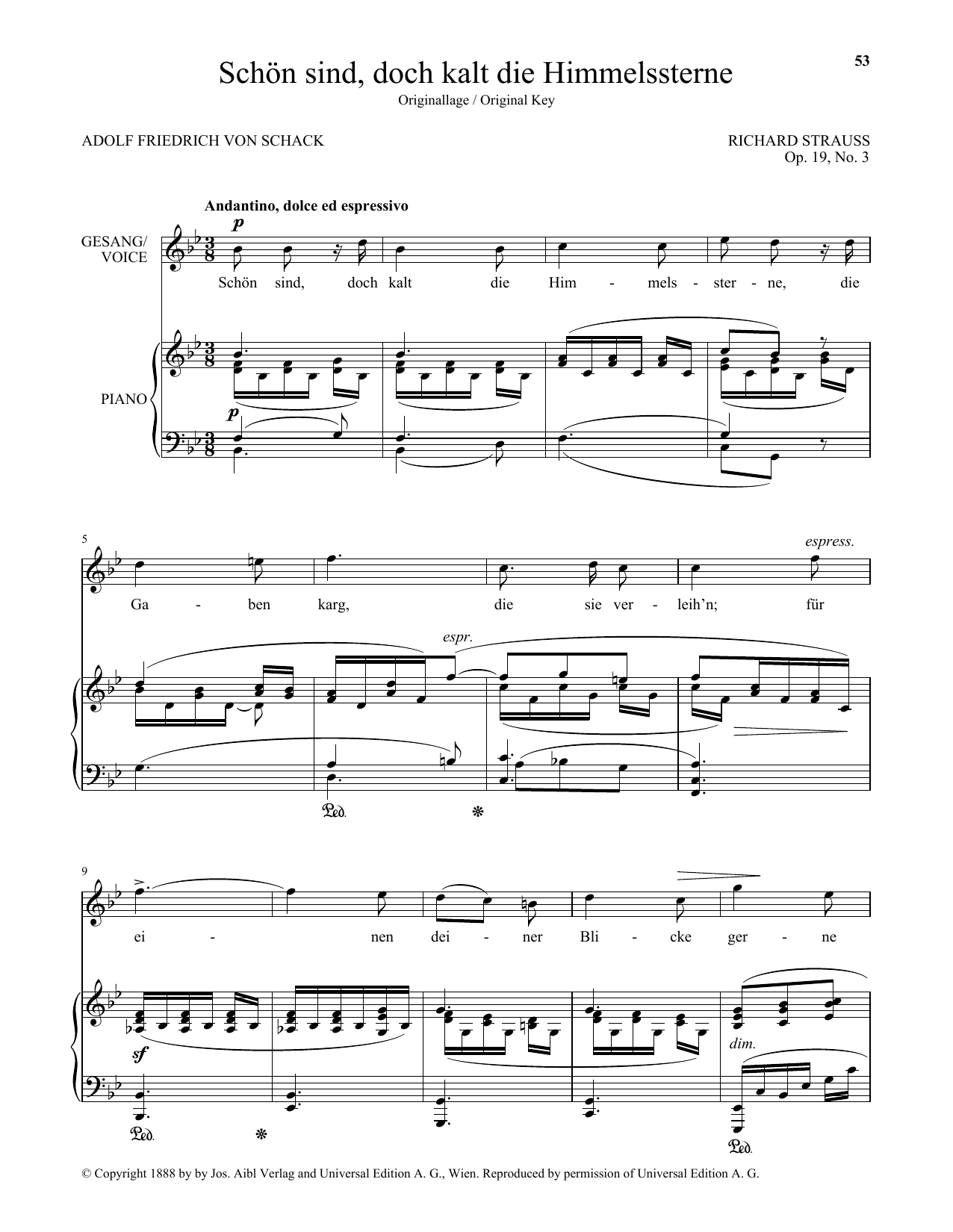 Learn to play Richard Strauss Schon Sind, Doch Kalt Die Himmelssterne (High Voice) sheet music for Piano & Vocal in minutes. Price: 7.8900$ Richard Strauss Schon Sind, Doch Kalt Die Himmelssterne (High Voice) sheet music notes and chords arranged for Piano & Vocal