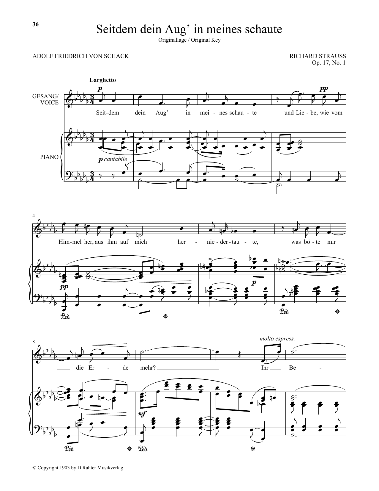 Learn to play Richard Strauss Seitdem Dein Aug' In Meines Schaute (High Voice) sheet music for Piano & Vocal in minutes. Price: 7.8900$ Richard Strauss Seitdem Dein Aug' In Meines Schaute (High Voice) sheet music notes and chords arranged for Piano & Vocal
