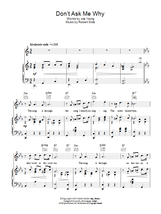 Learn to play Richard Tauber Don't Ask Me Why sheet music for Piano, Vocal & Guitar Chords in minutes. Price: 7.8900$ Richard Tauber Don't Ask Me Why sheet music notes and chords arranged for Piano, Vocal & Guitar Chords