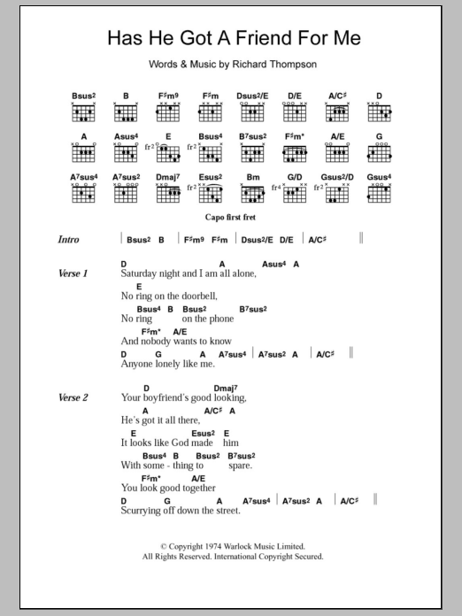 Richard Thompson Has He Got A Friend For Me sheet music notes and chords. Download Printable PDF.