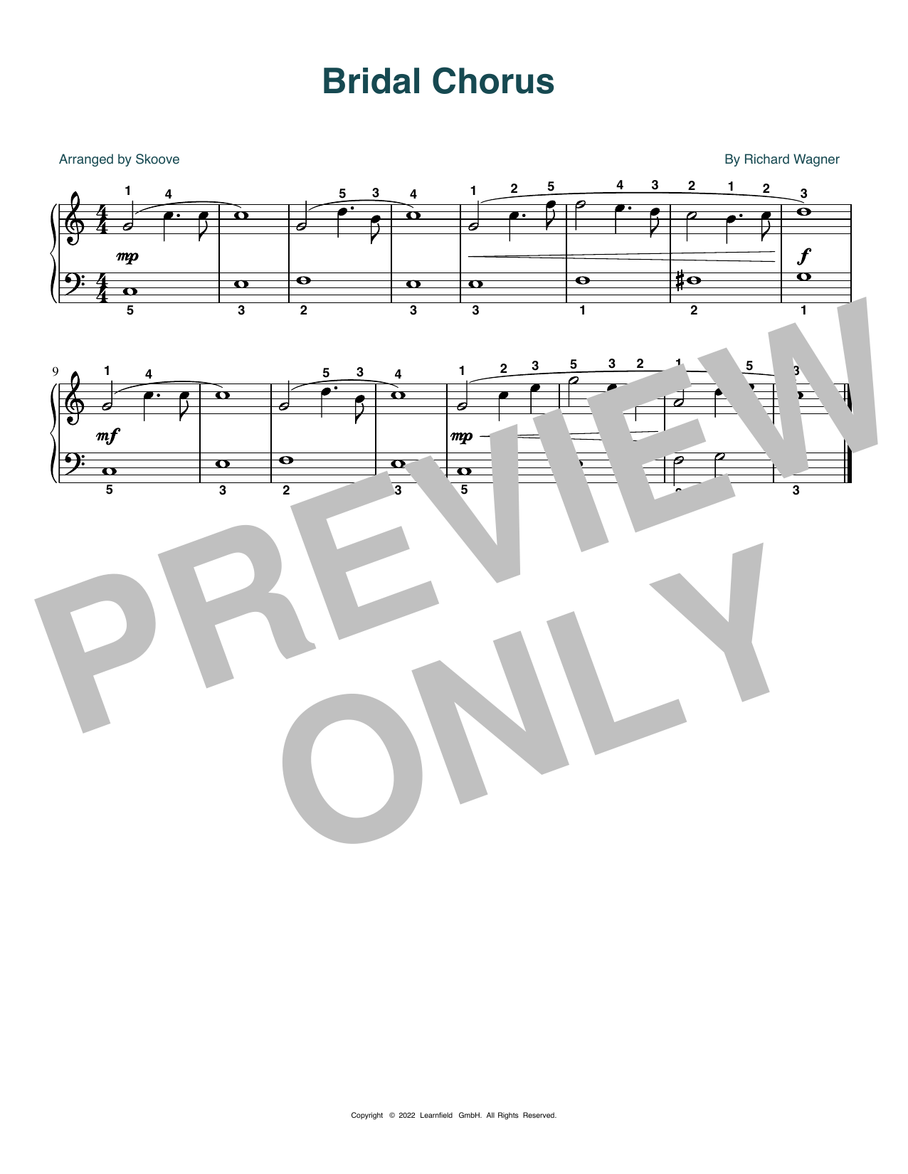 Learn to play Richard Wagner Bridal Chorus (arr. Skoove) sheet music for Beginner Piano (Abridged) in minutes. Price: 5.9900$ Richard Wagner Bridal Chorus (arr. Skoove) sheet music notes and chords arranged for Beginner Piano (Abridged)