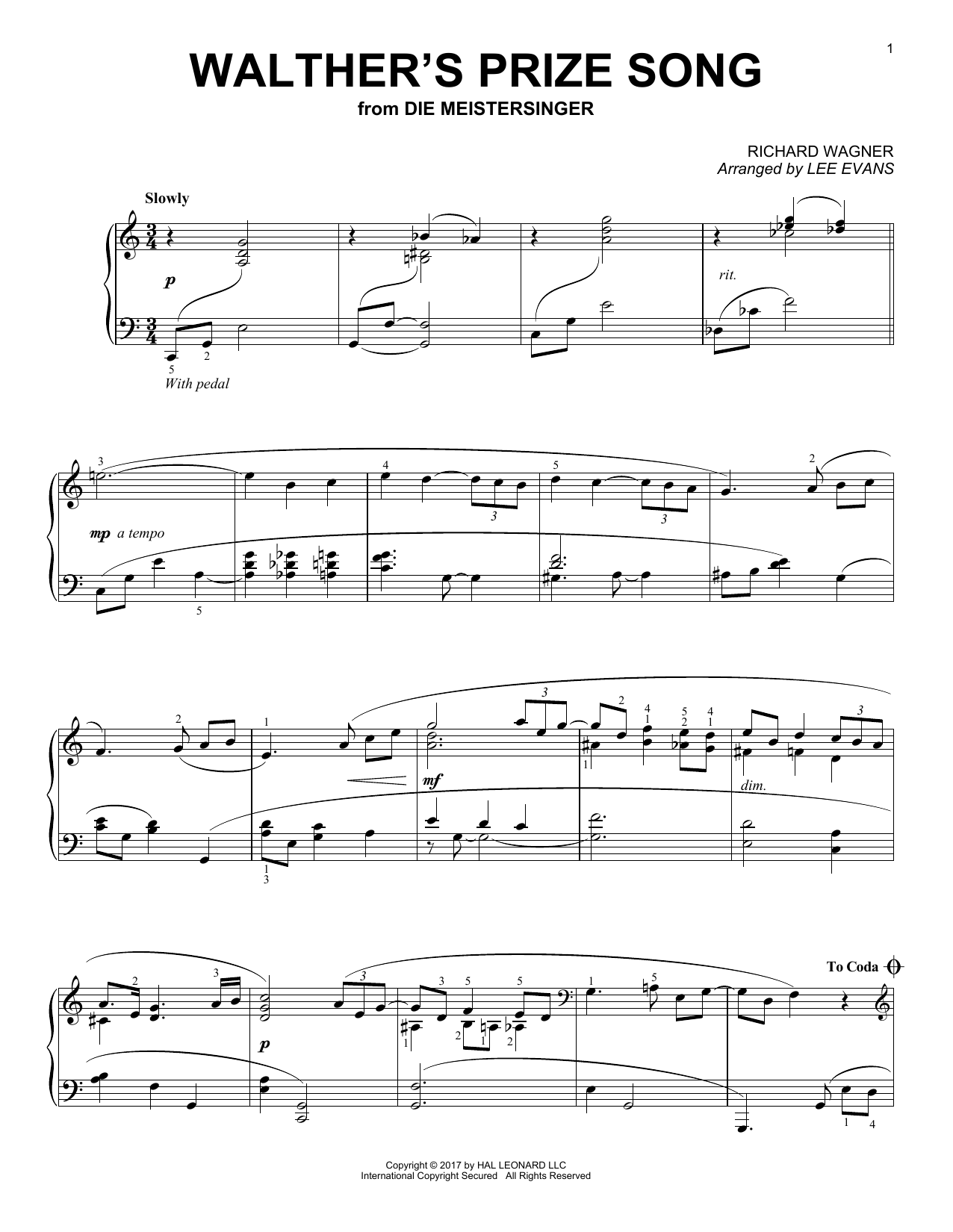 Lee Evans Walther's Prize Song sheet music notes and chords arranged for Piano Solo