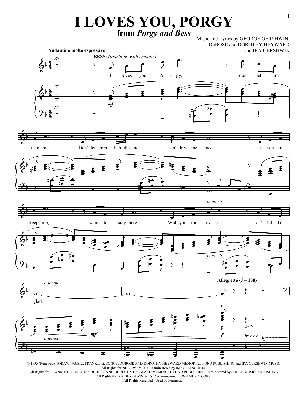 George Gershwin I Loves You, Porgy sheet music notes and chords. Download Printable PDF.