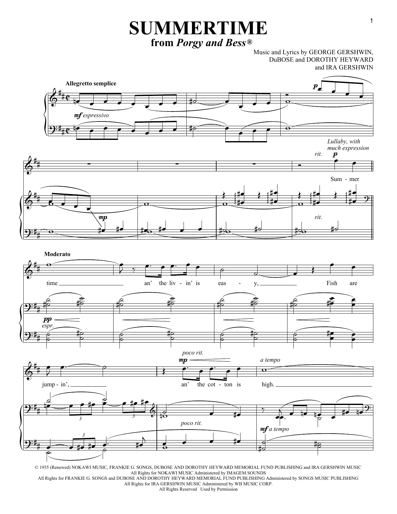 George Gershwin Summertime sheet music notes and chords arranged for Piano & Vocal